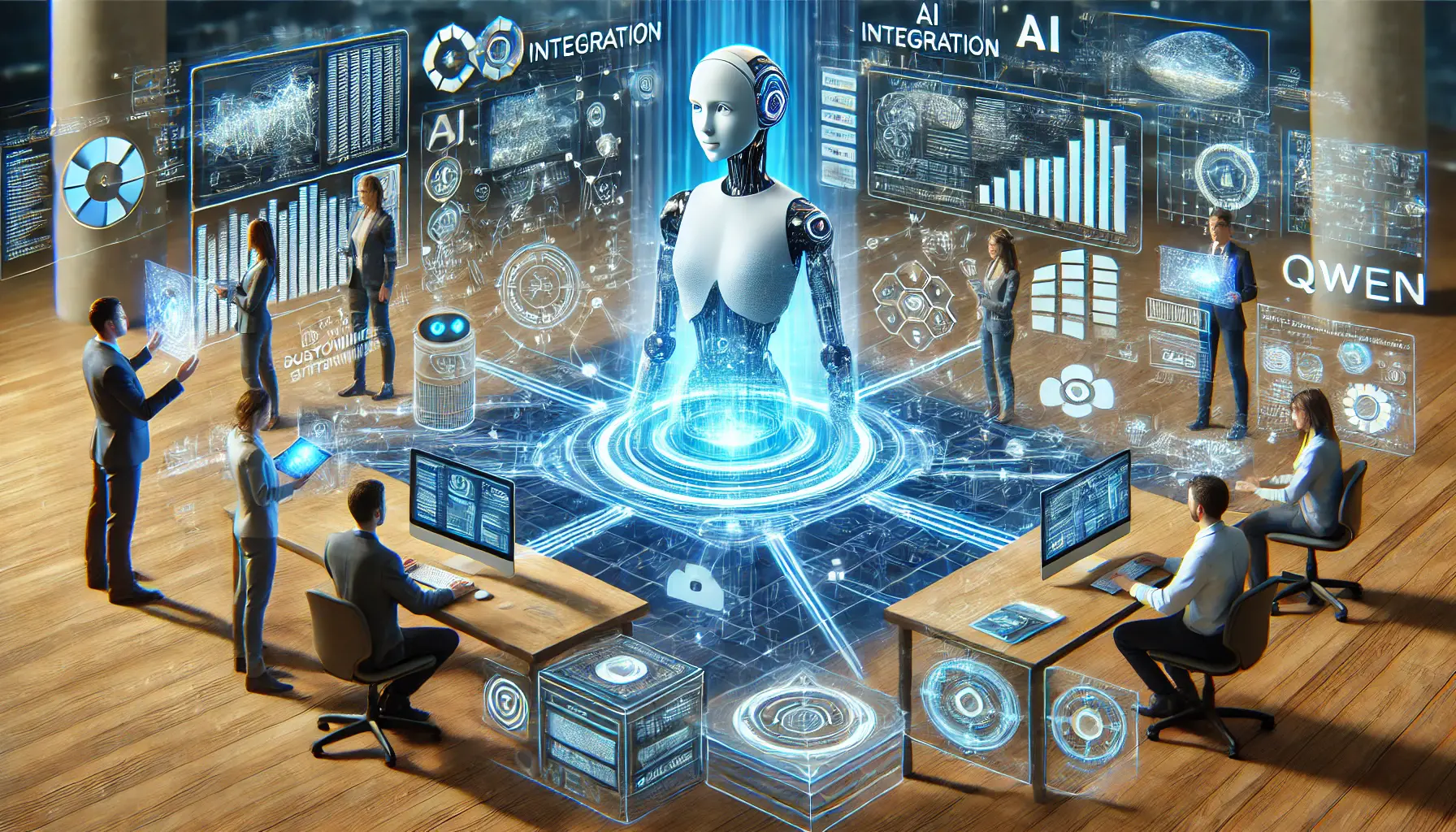 A futuristic AI integration process where Qwen is being connected with existing systems like CRM platforms and databases using holographic interfaces.