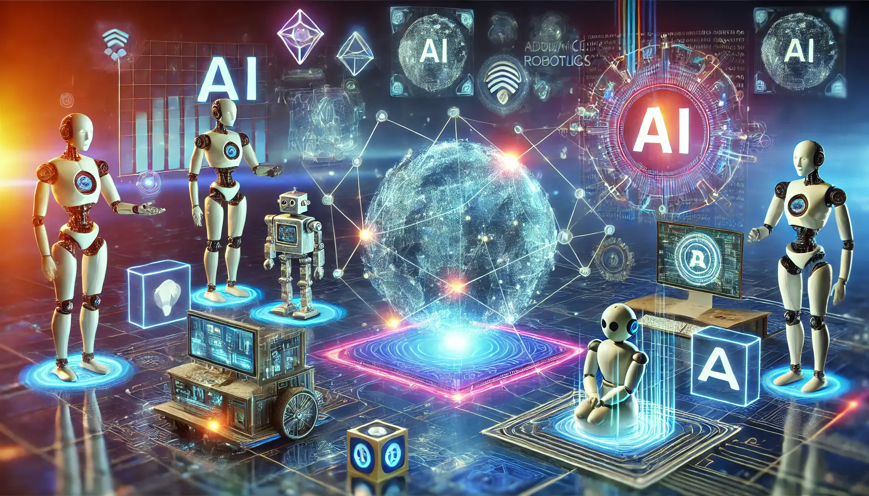 A futuristic digital environment where AI is integrated with emerging technologies like robotics, augmented reality, and blockchain.