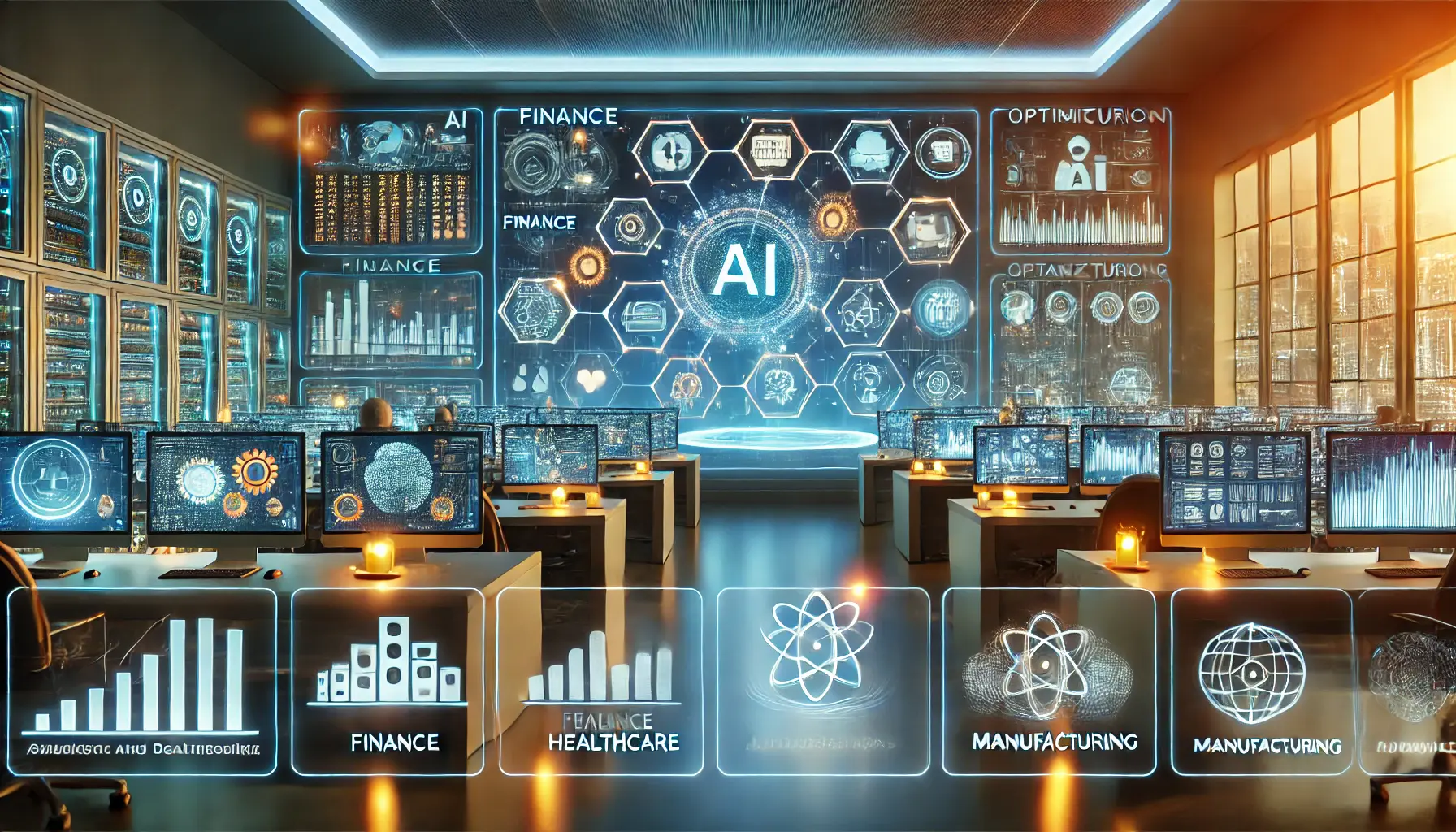 A futuristic AI system integrated with industry-specific applications like finance, healthcare, and manufacturing, shown through multiple holographic screens with data analysis and predictions.