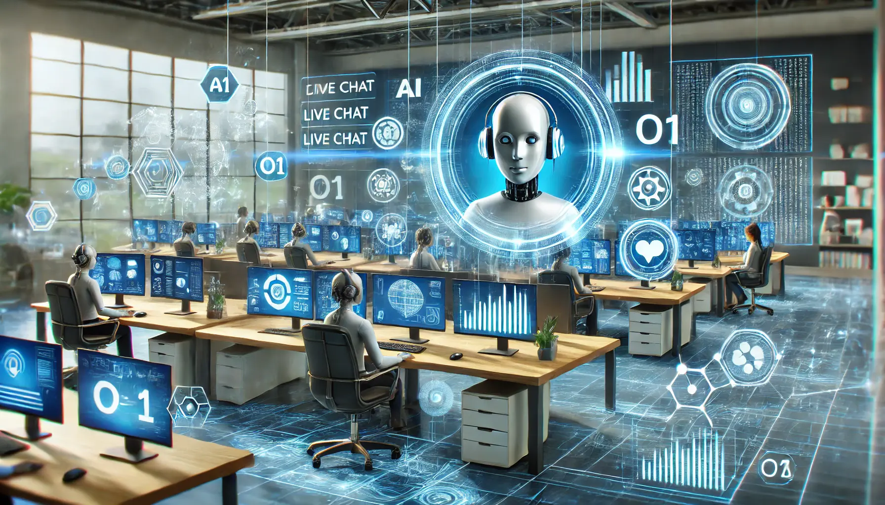 A modern customer service environment where AI systems like ChatGPT o1 are integrated with other technologies such as CRM systems, live chat tools, and voice assistants, working together in harmony.