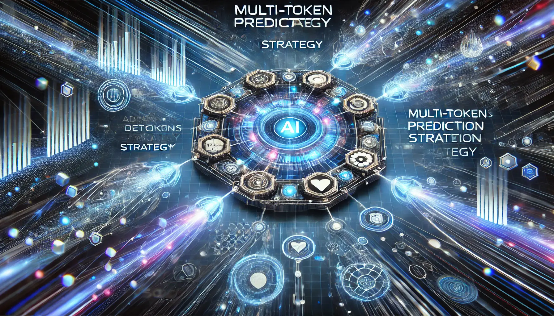 A futuristic AI visualization showing an advanced neural network generating multiple tokens simultaneously, with glowing data packets dynamically flowing through interconnected pathways, symbolizing speed and efficiency.