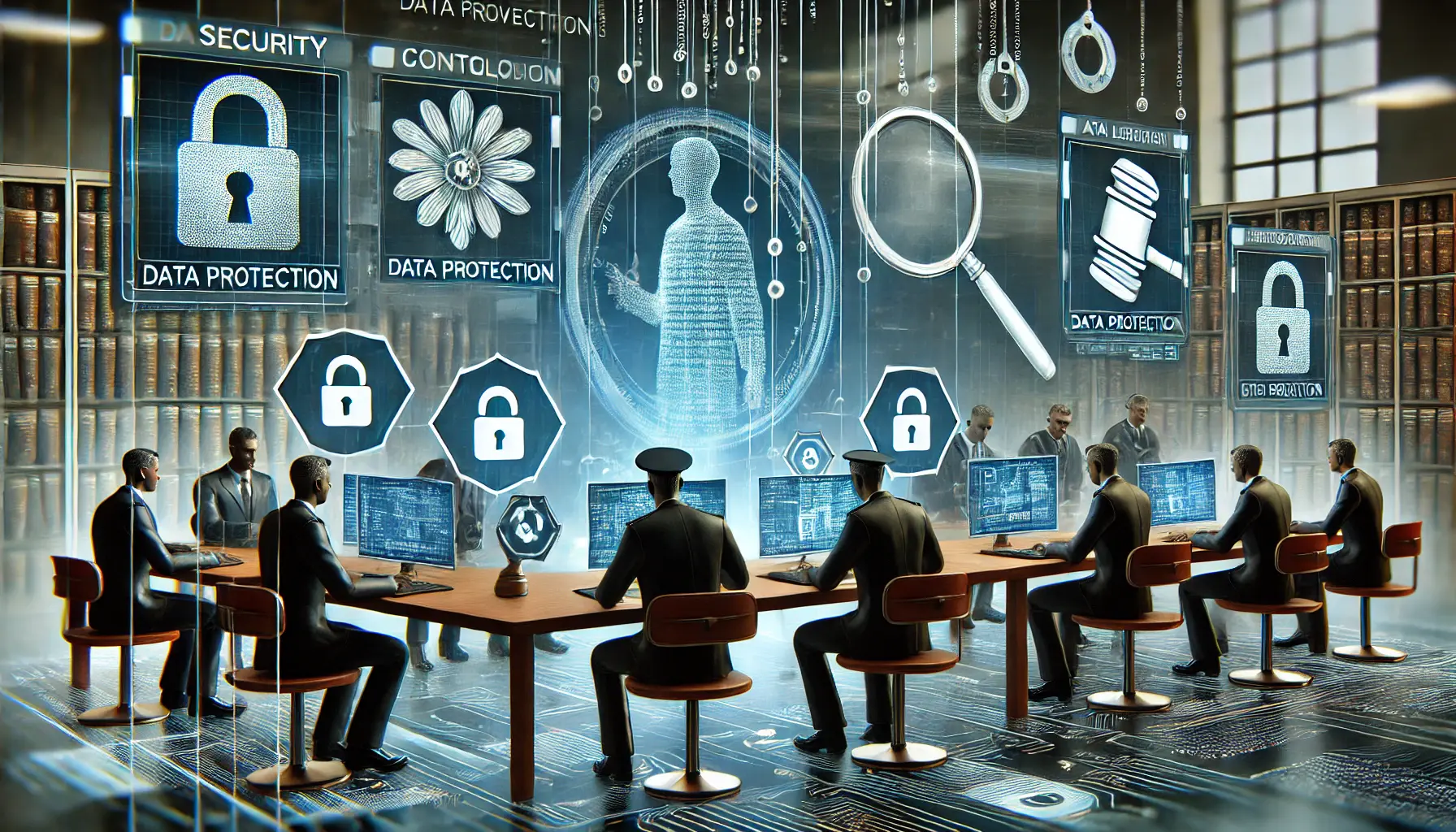 A futuristic data control room with holographic monitors, law enforcement figures, and security icons symbolizing investigations of AI data practices.