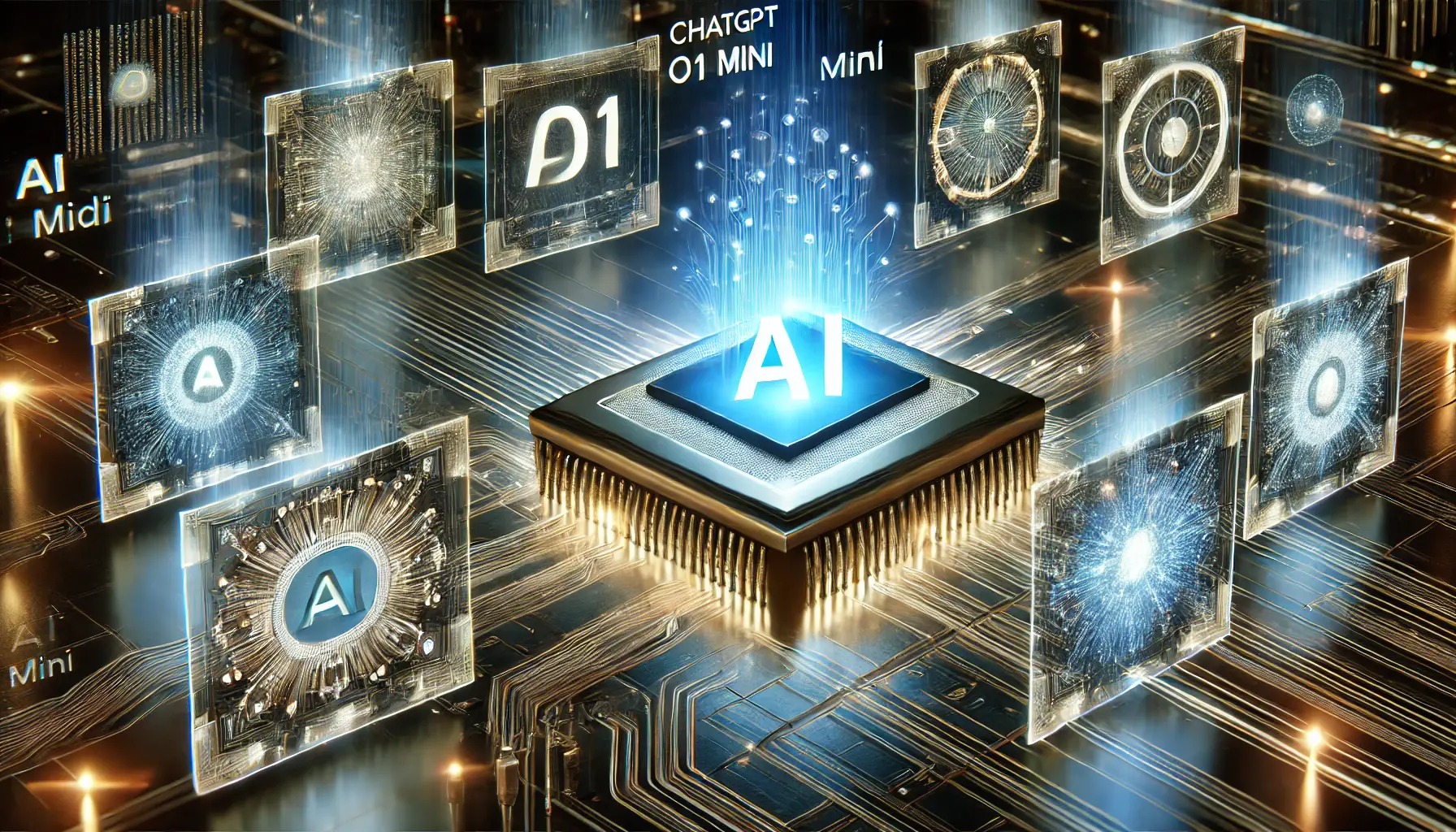 A digital scene showcasing the decision-making process of choosing the best AI model, with a glowing ChatGPT o1 Mini processor surrounded by other AI models.