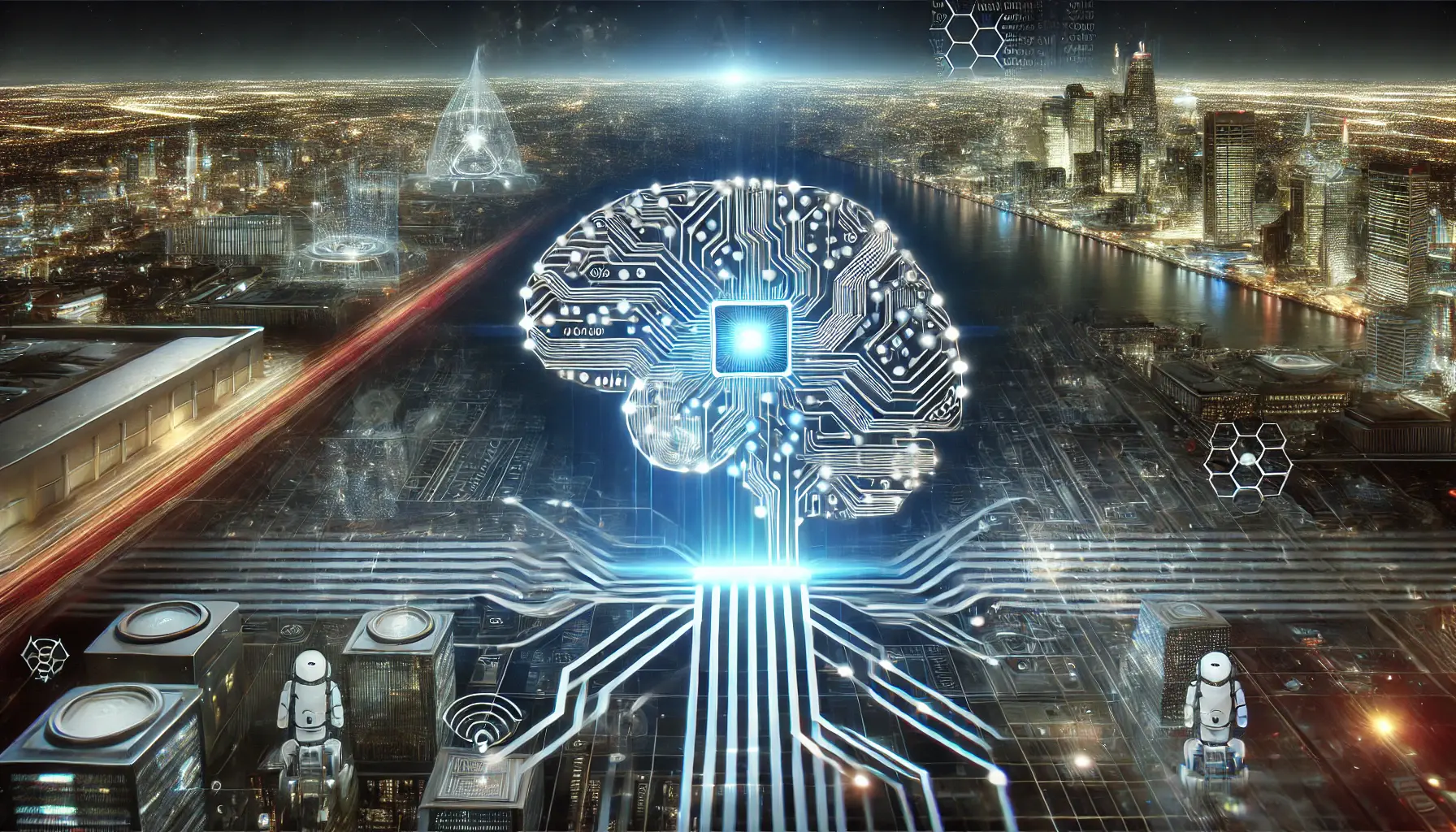 A futuristic digital landscape featuring an advanced AI model represented as a sleek, high-tech neural network core, glowing with blue and white circuits. The background showcases a cybernetic cityscape with holographic data streams and robotic elements, symbolizing artificial intelligence's evolution.