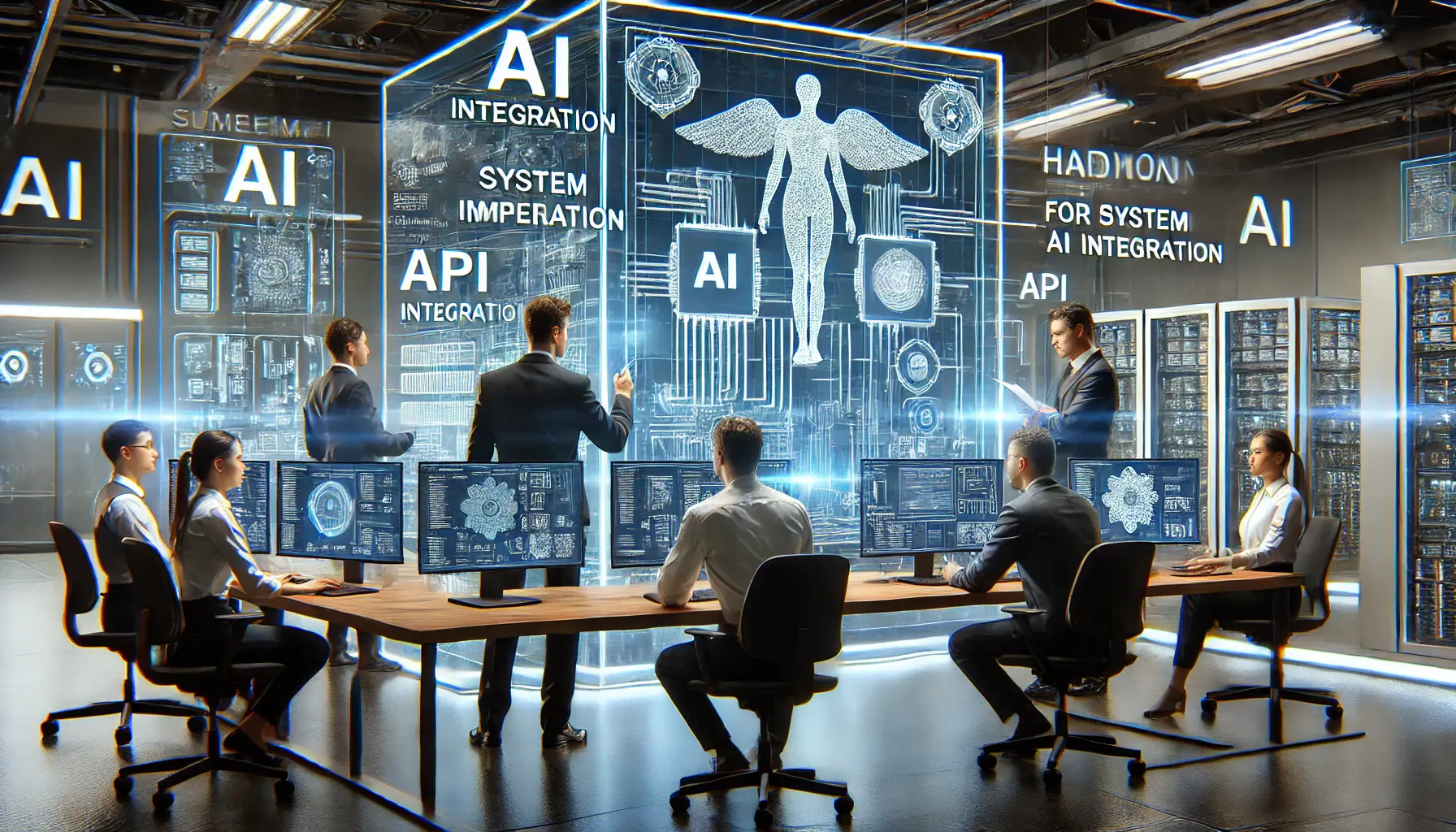 An IT team collaborating around a digital screen, analyzing system compatibility and hardware setup for AI integration.