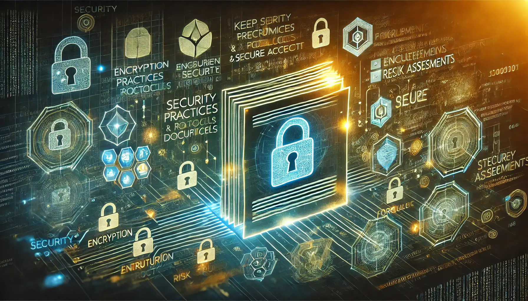 A digital concept featuring a glowing document with security protocols, surrounded by encryption, firewalls, and secure access symbols.