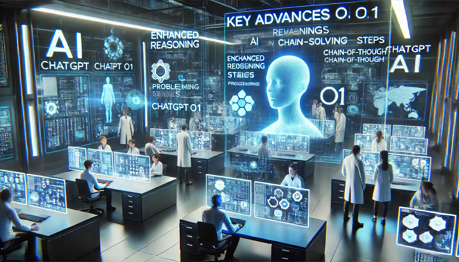 A futuristic AI lab showcasing the key advances of ChatGPT o1, with holographic displays of enhanced reasoning, problem-solving, and chain-of-thought processing.