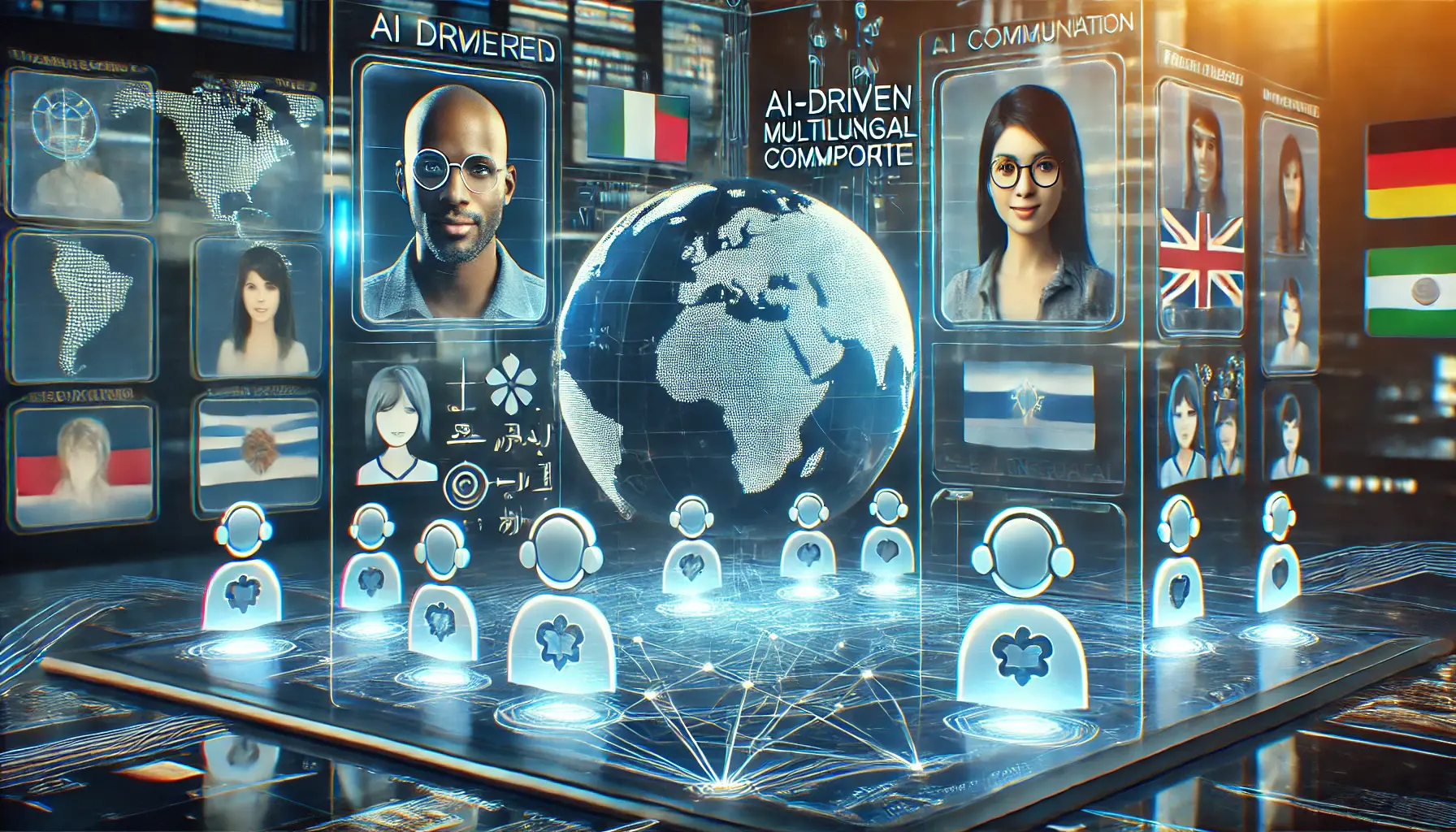 A futuristic AI-powered interface showcasing global communication benefits with digital avatars interacting across different countries.