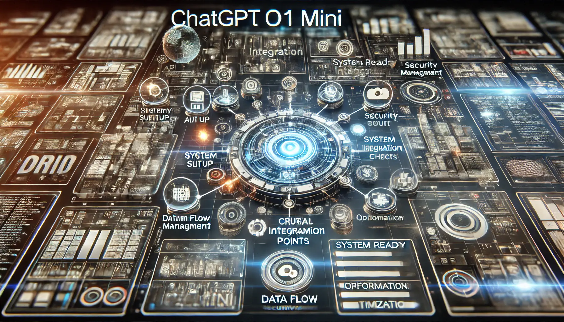 A high-tech digital interface showing interconnected nodes representing key integration points for ChatGPT o1 Mini, including API setup, data flow management, and performance monitoring.