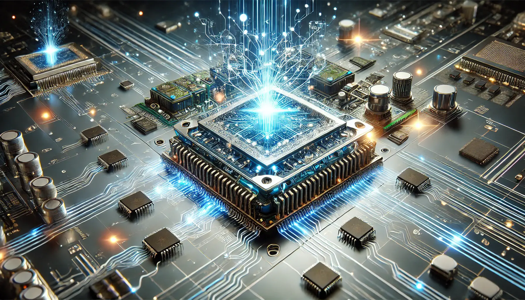 A detailed visualization of the key components and design of an AI system, showcasing circuits, microchips, and glowing neural pathways.