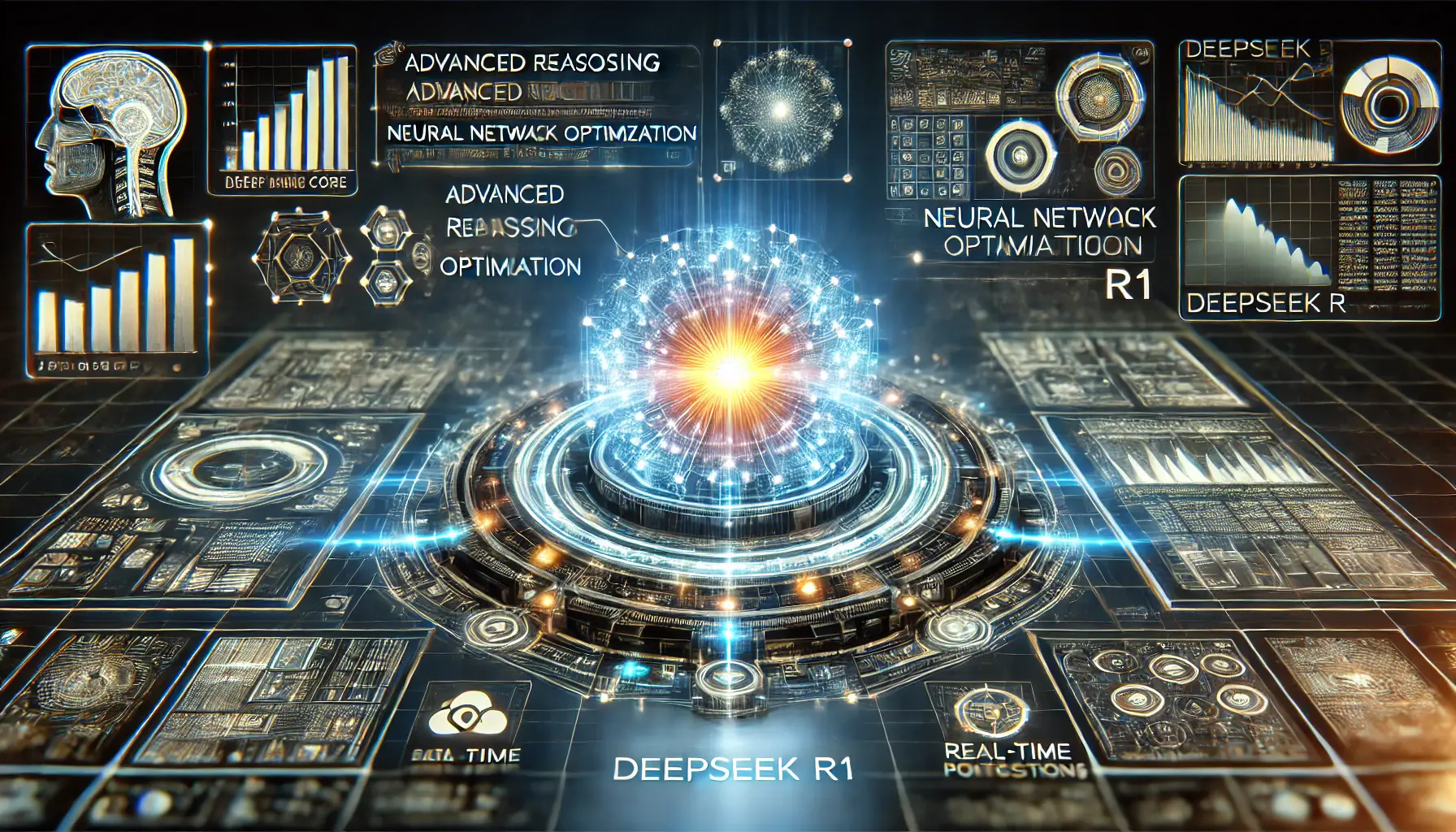 A high-tech AI interface showcasing DeepSeek R1’s advanced reasoning capabilities, neural network optimization, and real-time data processing with a glowing AI core.