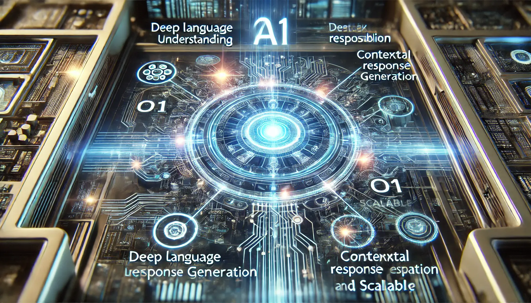 A futuristic AI interface visualizing ChatGPT o1's key features, with holographic data streams and neural networks processing complex queries.