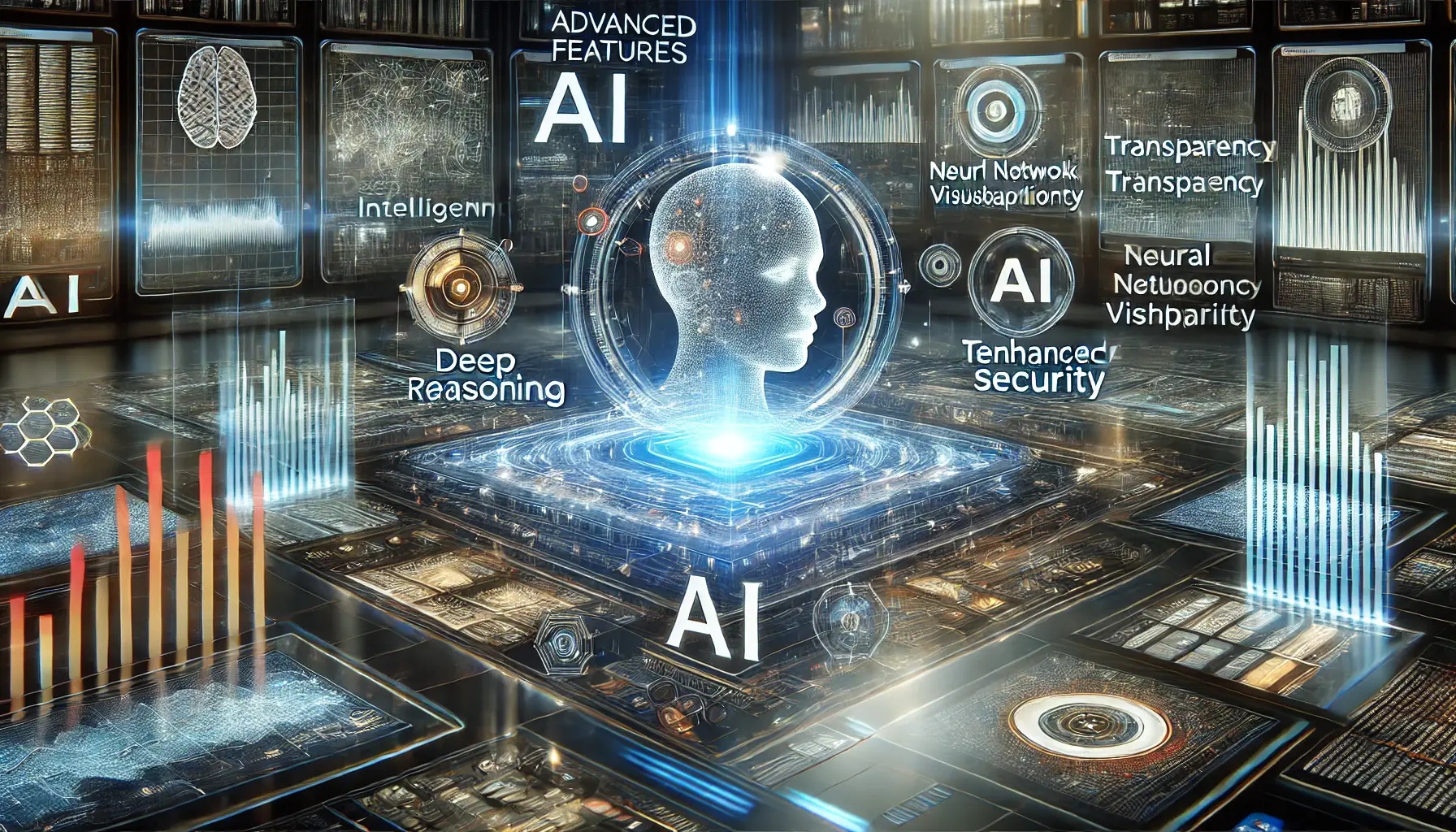 A high-tech AI interface displaying advanced features of artificial intelligence, including deep reasoning, transparency, and enhanced security.