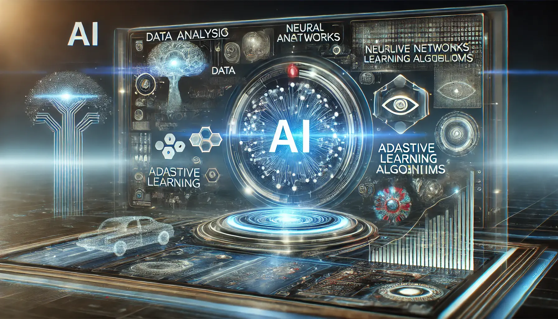 A futuristic AI interface displaying holographic elements such as data analysis, neural networks, and adaptive learning algorithms.