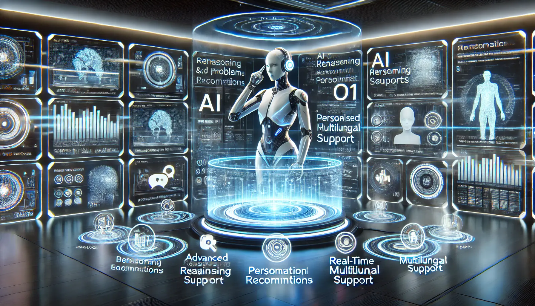 A futuristic AI-powered customer support system where an AI assistant manages inquiries through a high-tech interface with holographic displays showcasing advanced problem-solving, multilingual support, and personalized interactions.