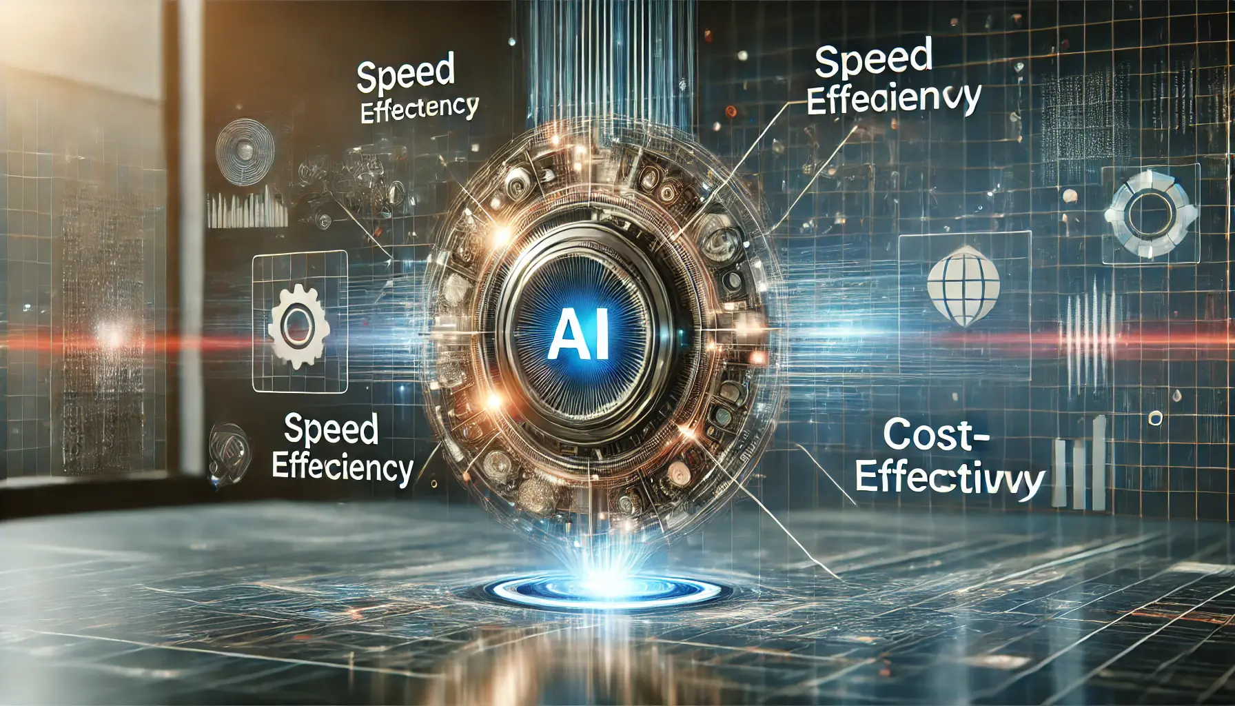 Advanced AI interface highlighting the key features of a compact and powerful AI model, showcasing speed, efficiency, and cost-effectiveness.