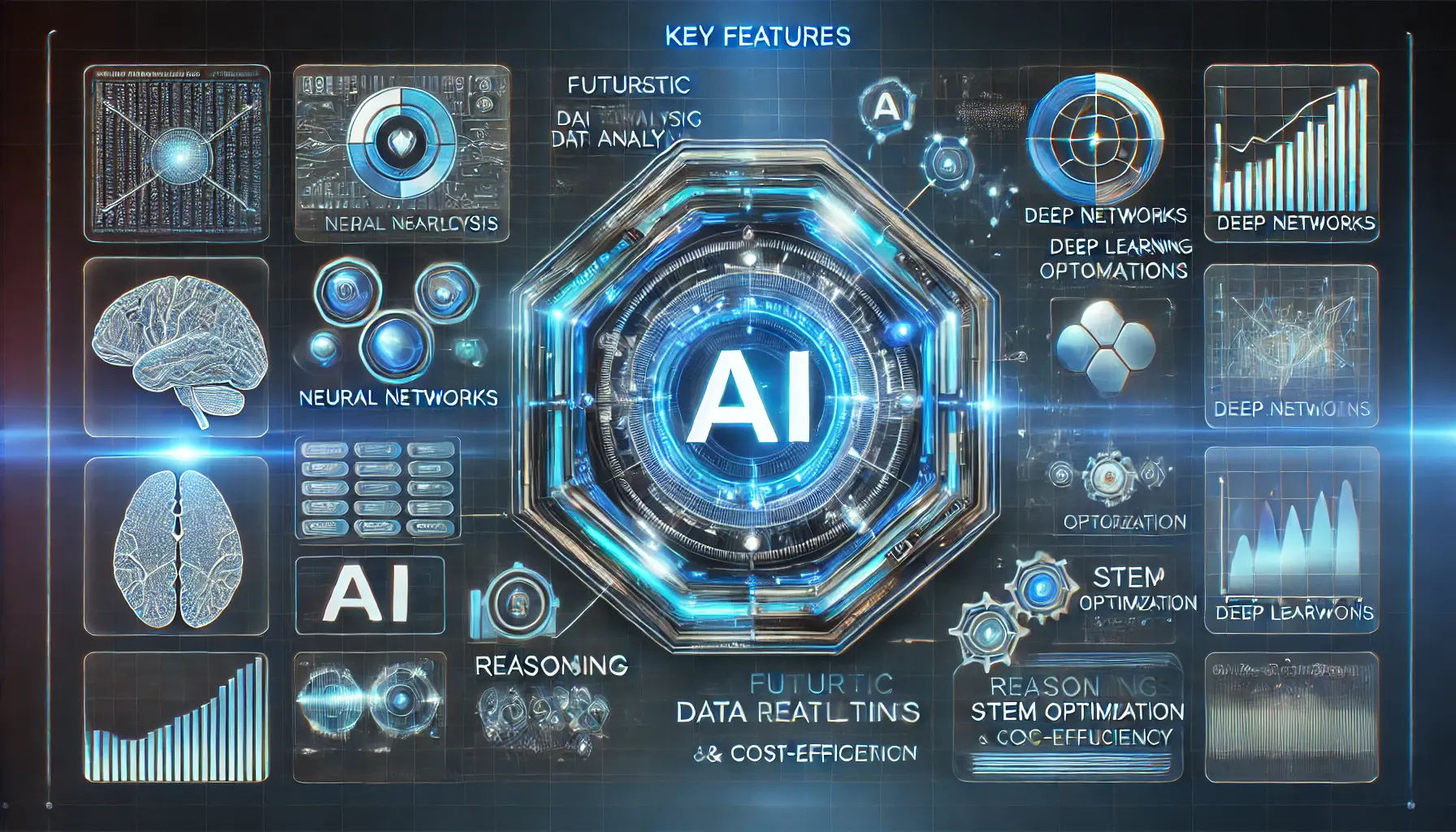 A futuristic AI interface showcasing deep learning, neural networks, and data analytics with a sleek, holographic dashboard.