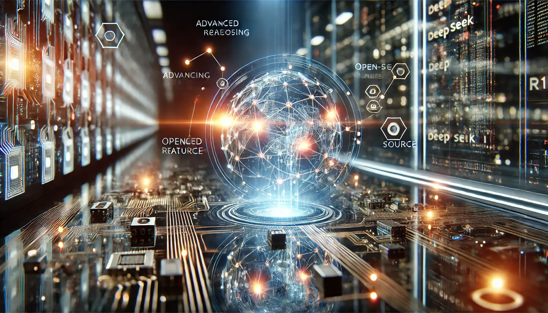 A futuristic AI model processing data streams, symbolizing the key features of DeepSeek R1.