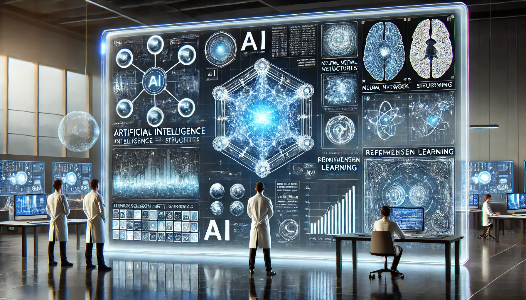 A futuristic AI interface displaying data visualizations, neural networks, and reinforcement learning pathways.