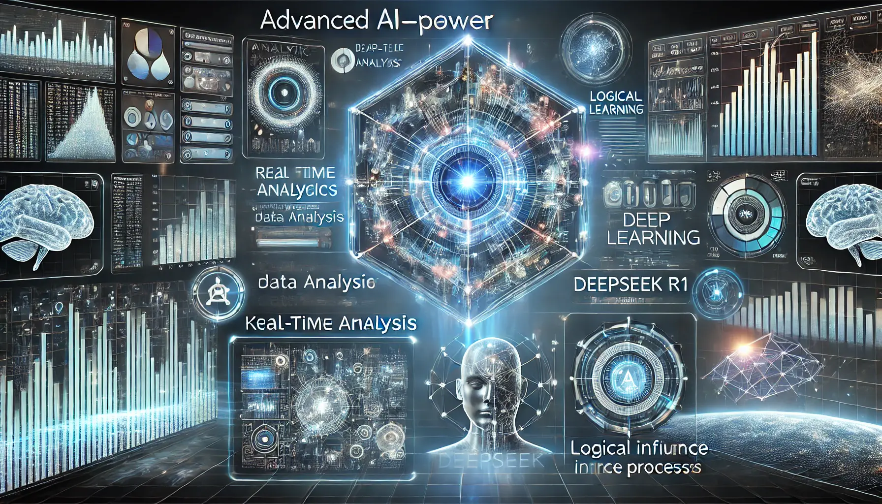 A futuristic AI-powered data analysis interface displaying real-time analytics, neural network visualization, and holographic graphs.