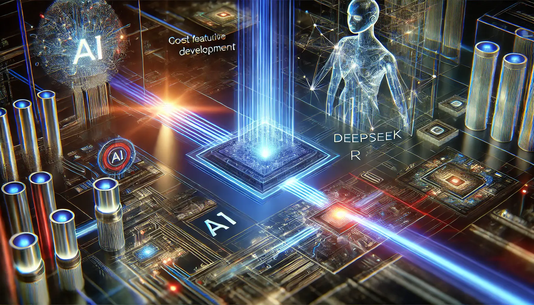 A futuristic AI interface with a glowing neural network processing data streams, symbolizing DeepSeek R1's advanced capabilities.