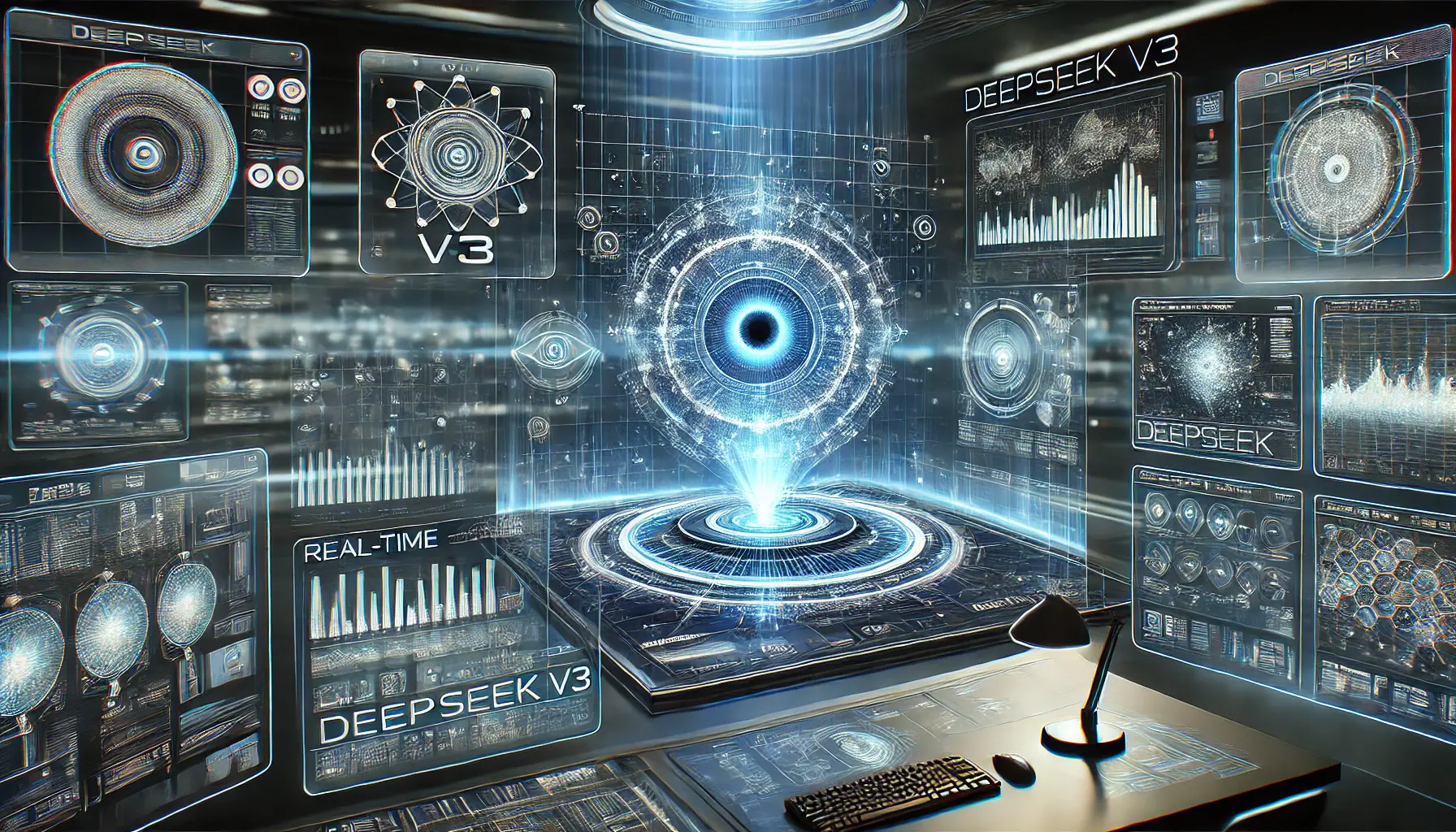 A futuristic AI-powered interface displaying real-time data processing graphs, neural network visualizations, and interconnected AI nodes in a high-tech digital workspace.