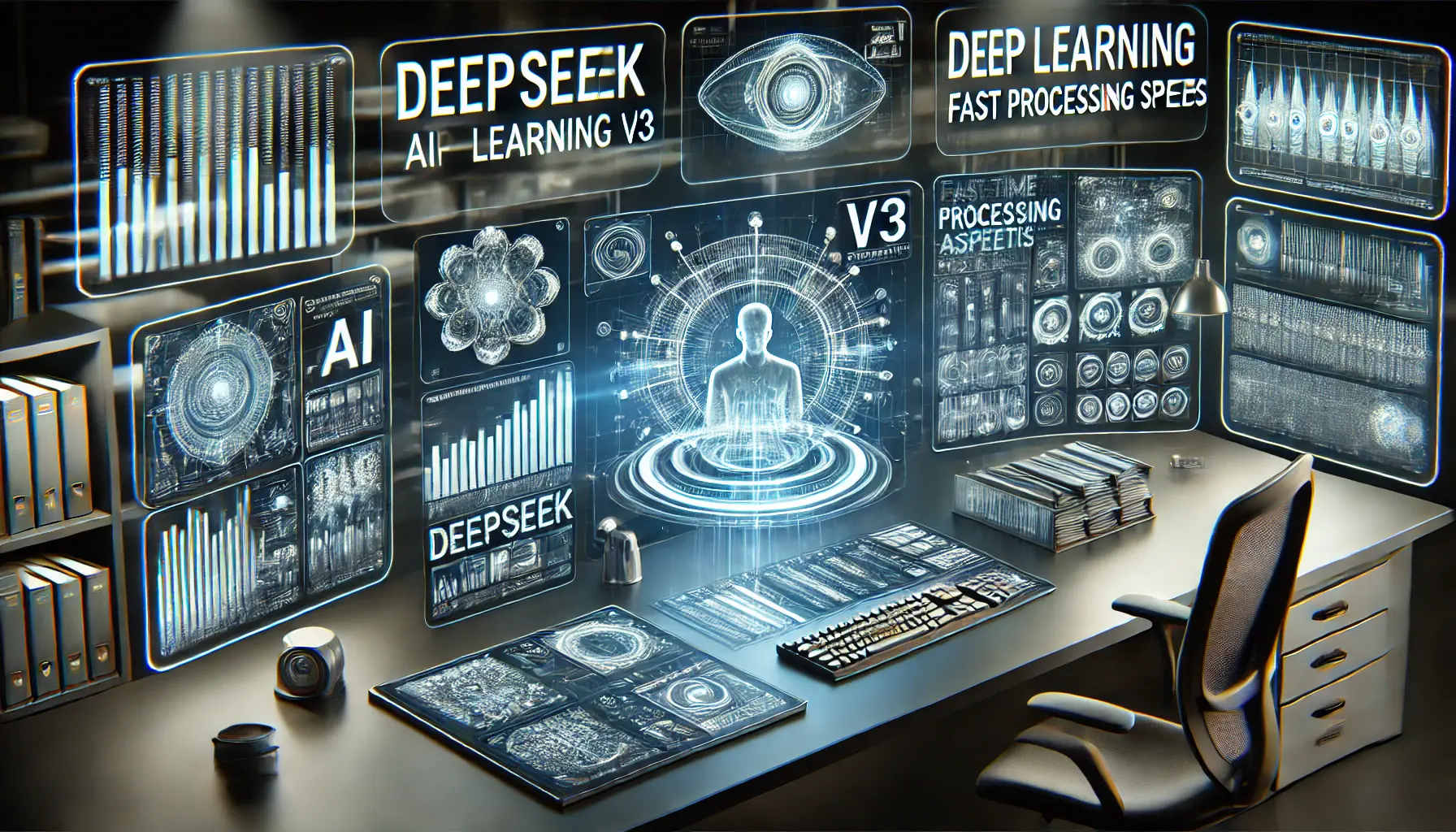 A futuristic AI-powered interface displaying multiple holographic data panels showcasing DeepSeek v3's efficiency, processing speed, and automation in a high-tech workspace.