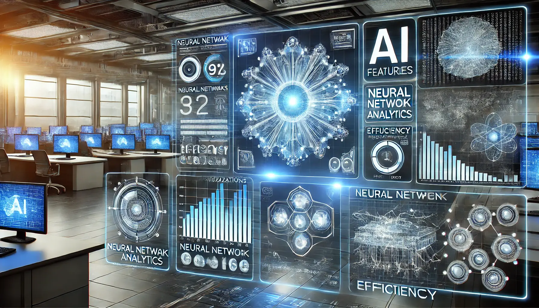 A futuristic AI interface displaying data visualizations, neural network schematics, and efficiency metrics in a high-tech research lab.