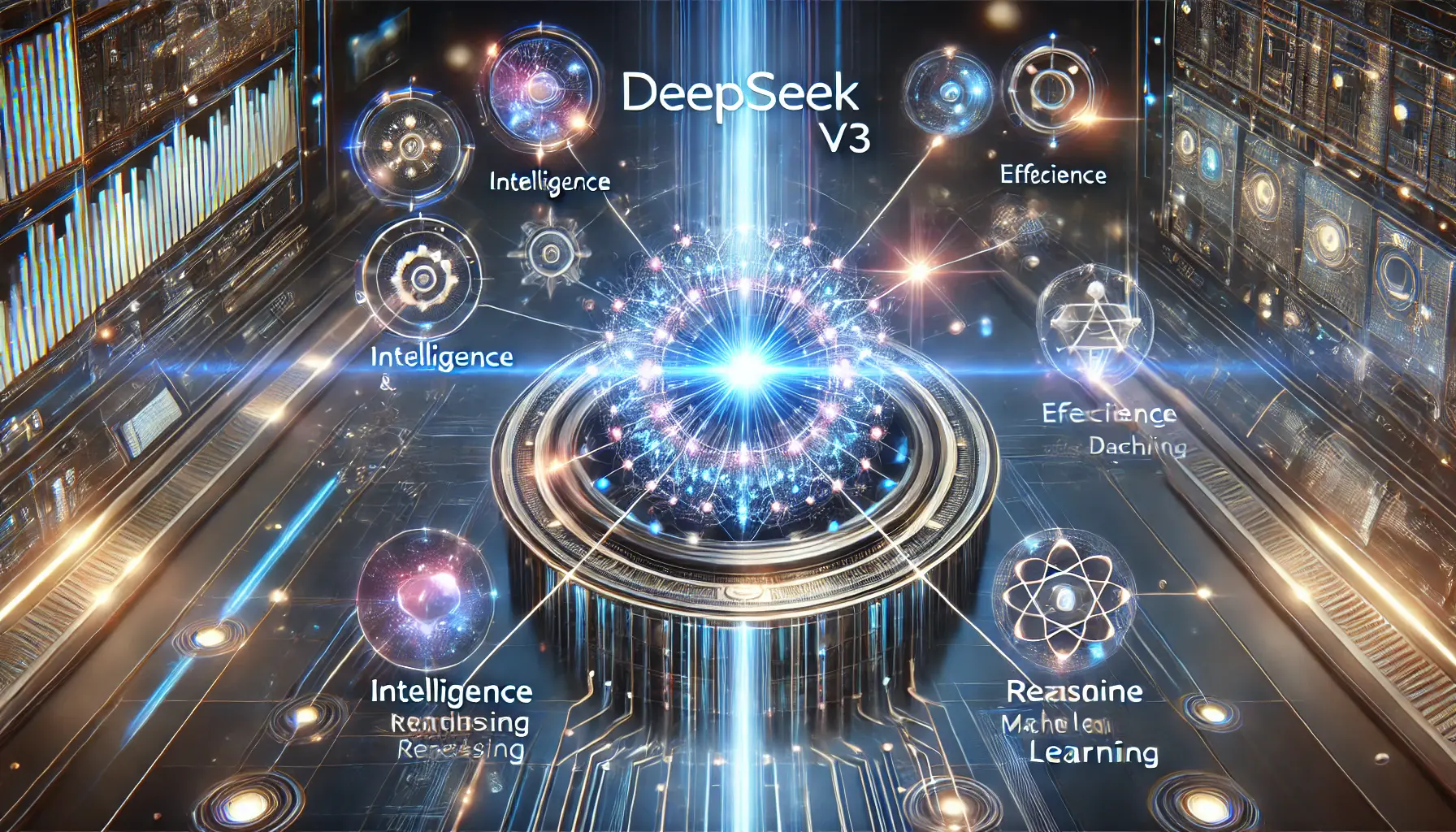 A high-tech visualization of an advanced AI system with interconnected glowing nodes, a central AI core emitting blue light, and dynamic holographic elements representing intelligence and efficiency.