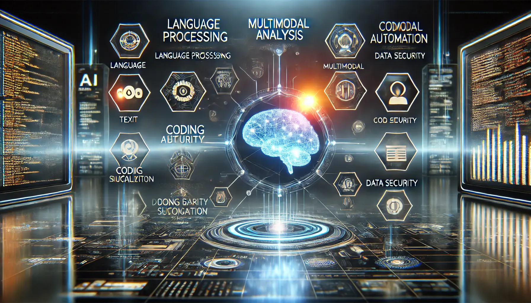 A futuristic AI interface displaying a holographic panel with interconnected icons representing language processing, multimodal analysis, coding automation, data security, and AI bias reduction.