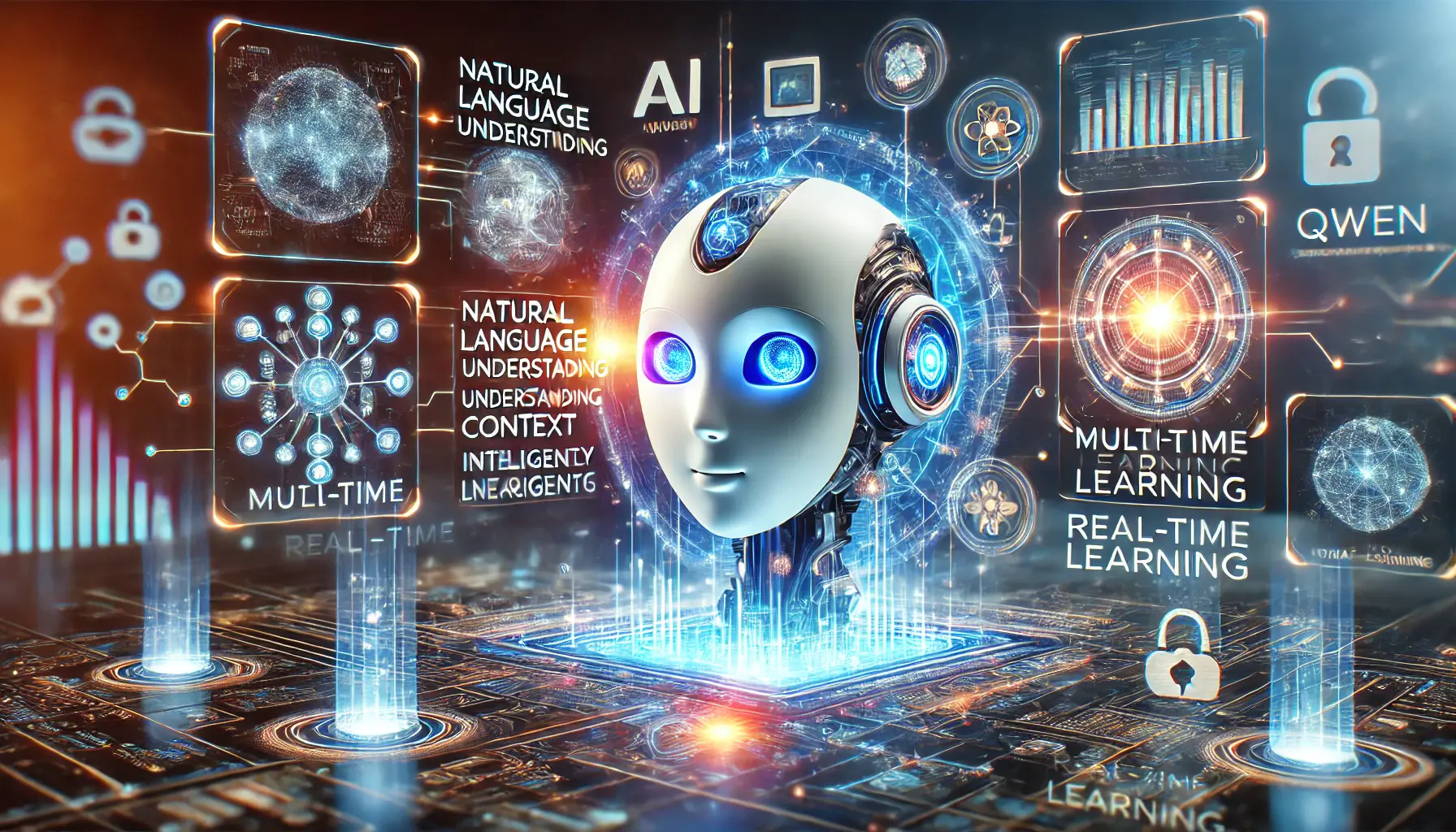 A futuristic AI-powered chatbot processing natural language, with a glowing neural network and advanced digital interface displaying AI-driven features.