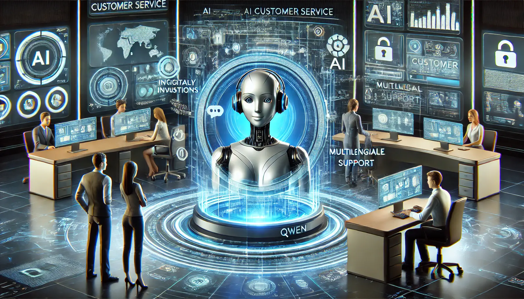 A futuristic AI-powered customer service environment where a digital assistant manages multiple conversations through holographic interfaces, processing inquiries and providing real-time solutions.