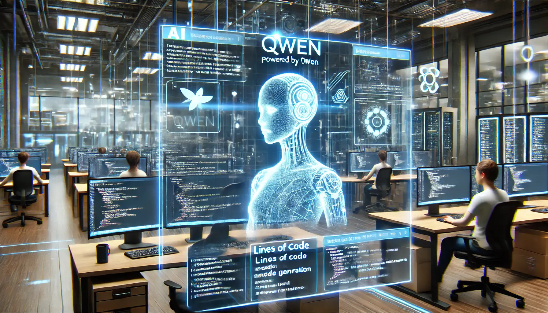 A futuristic coding environment with an AI system automatically generating code and fixing errors, surrounded by digital workstations and holographic interfaces.