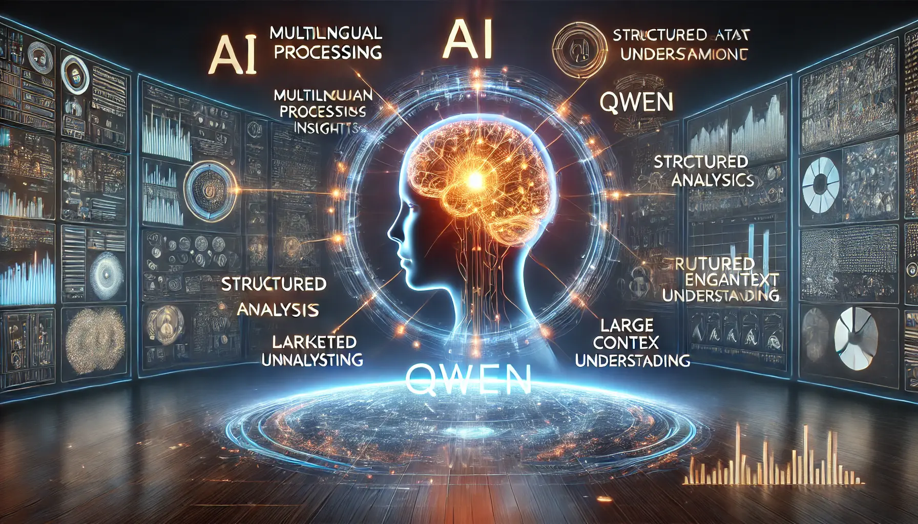 A futuristic representation of AI capabilities with a glowing digital brain and interconnected data nodes, symbolizing Qwen’s multilingual processing, structured data analysis, and large-context understanding.