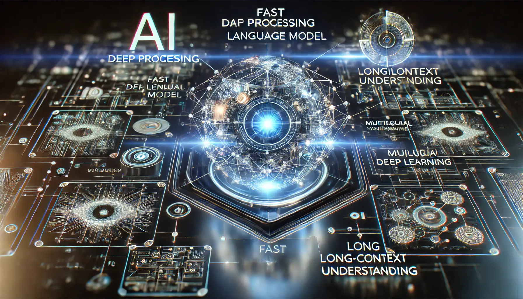 A futuristic AI interface displaying interconnected data nodes and a digital neural network, symbolizing Qwen’s key features.