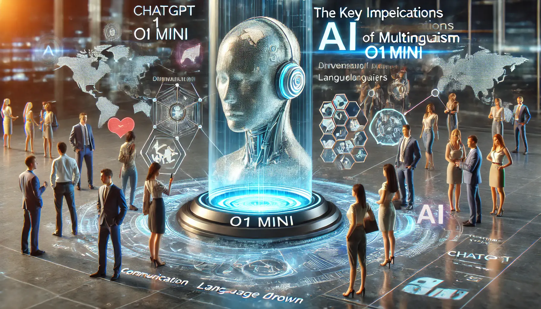 A futuristic digital scene showing the implications of ChatGPT o1 Mini's multilingualism, with users from diverse cultures interacting with AI across language barriers.