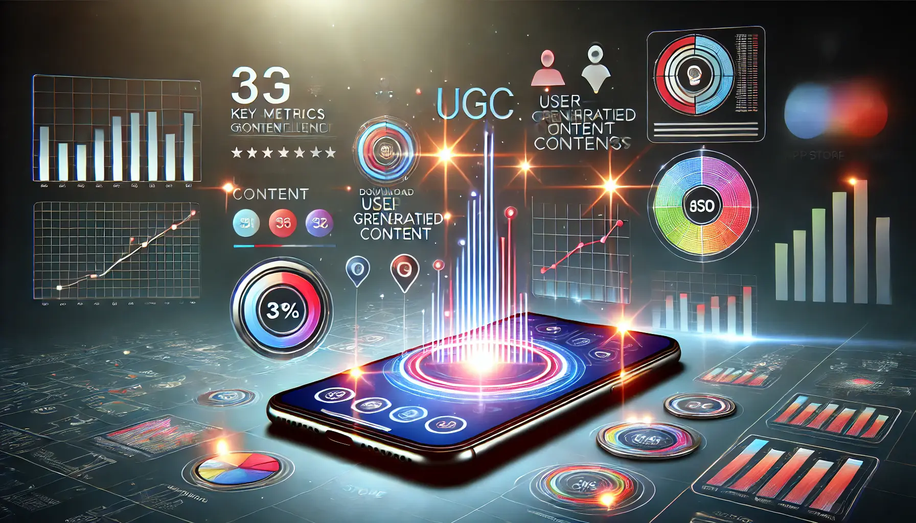 A visually engaging representation of key metrics to track user-generated content (UGC) effectiveness in app store optimization, featuring a smartphone with floating graphs, pie charts, and performance metrics like app rankings and download rates.