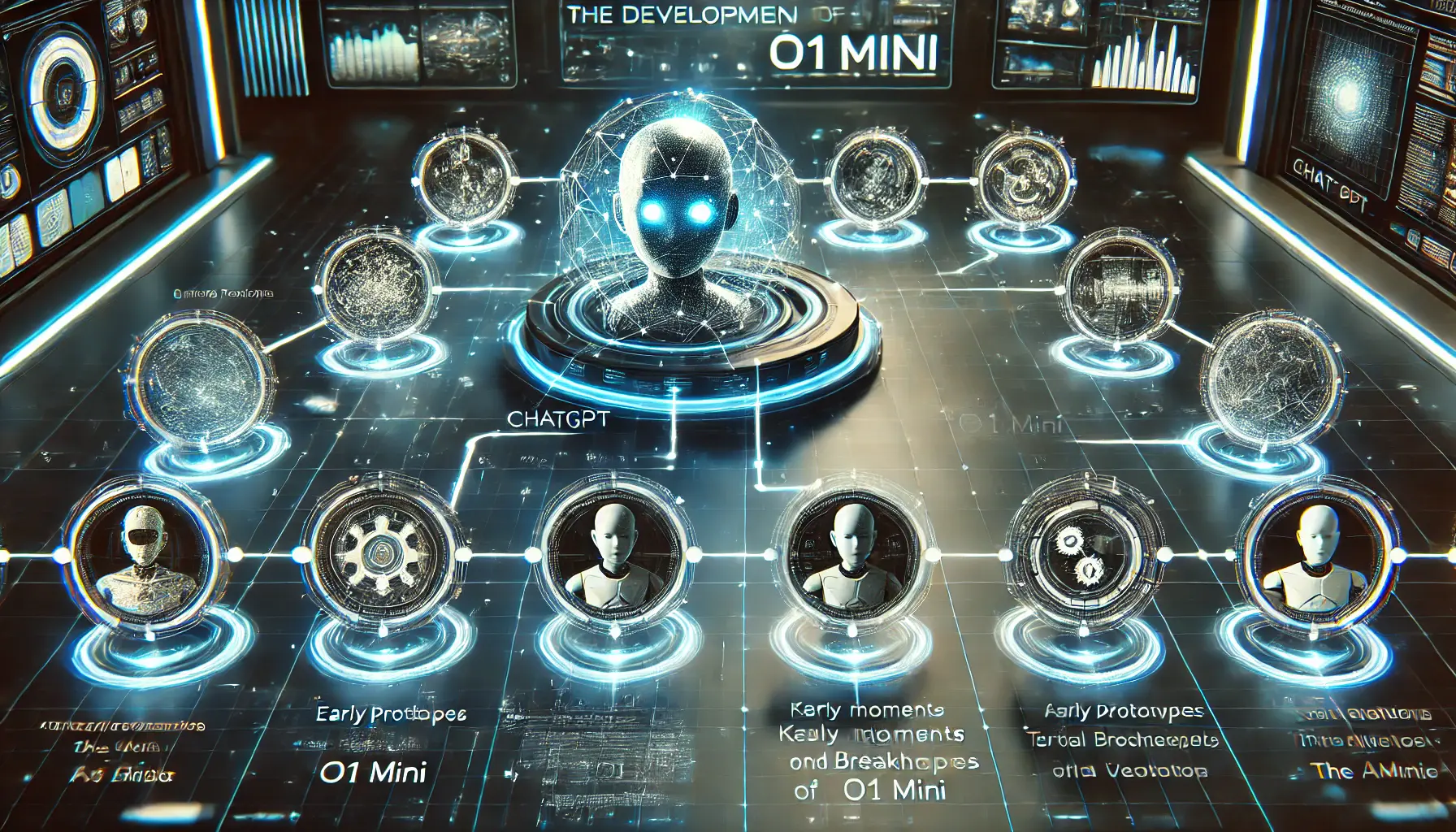 A futuristic milestone chart displaying significant achievements in the development of ChatGPT o1 Mini, with glowing interconnected nodes.