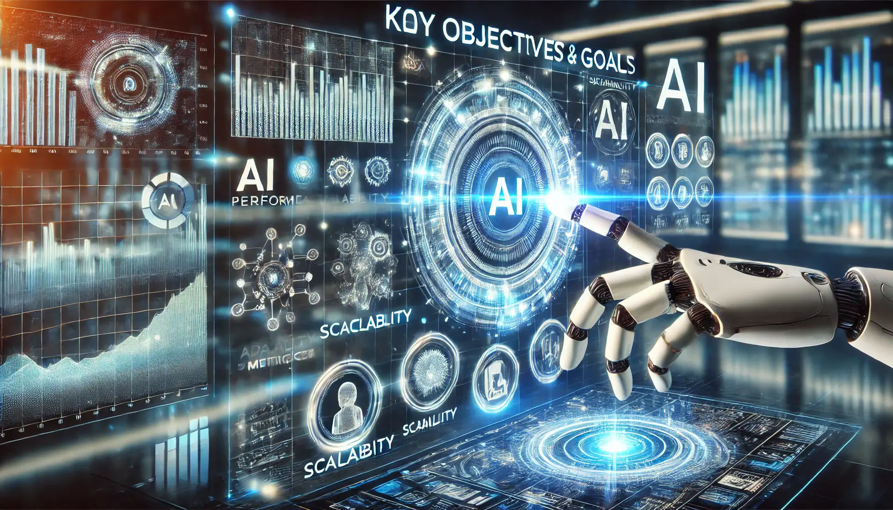 A futuristic digital interface with holographic data panels displaying AI performance metrics and a robotic hand interacting with the system.