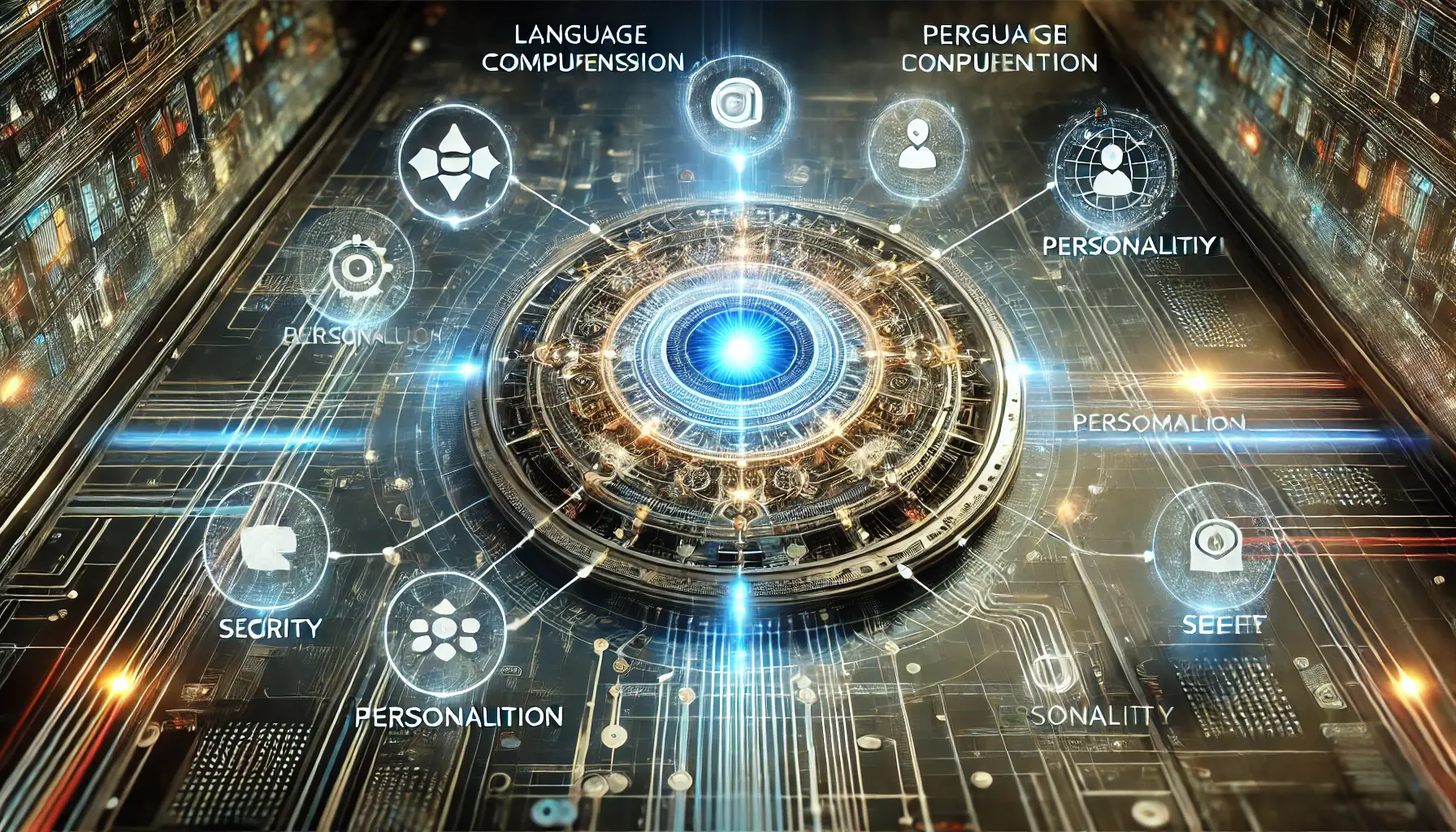 A futuristic AI system representing key features of ChatGPT o1, visualized as a glowing AI core with interconnected digital nodes symbolizing language comprehension, personalization, and security.