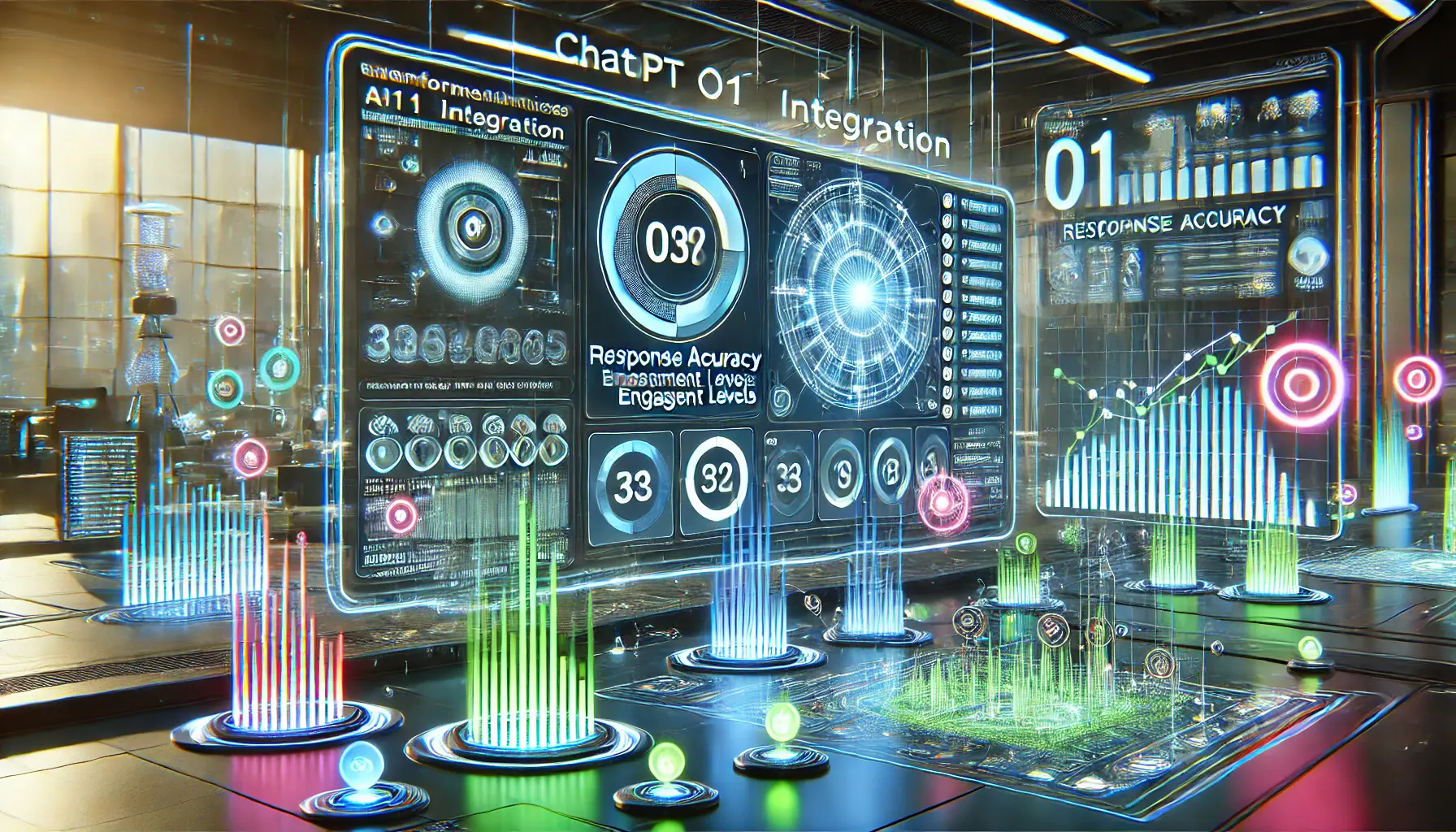 A futuristic digital environment where performance metrics for ChatGPT o1 integration are being monitored with interactive screens and data visualizations.