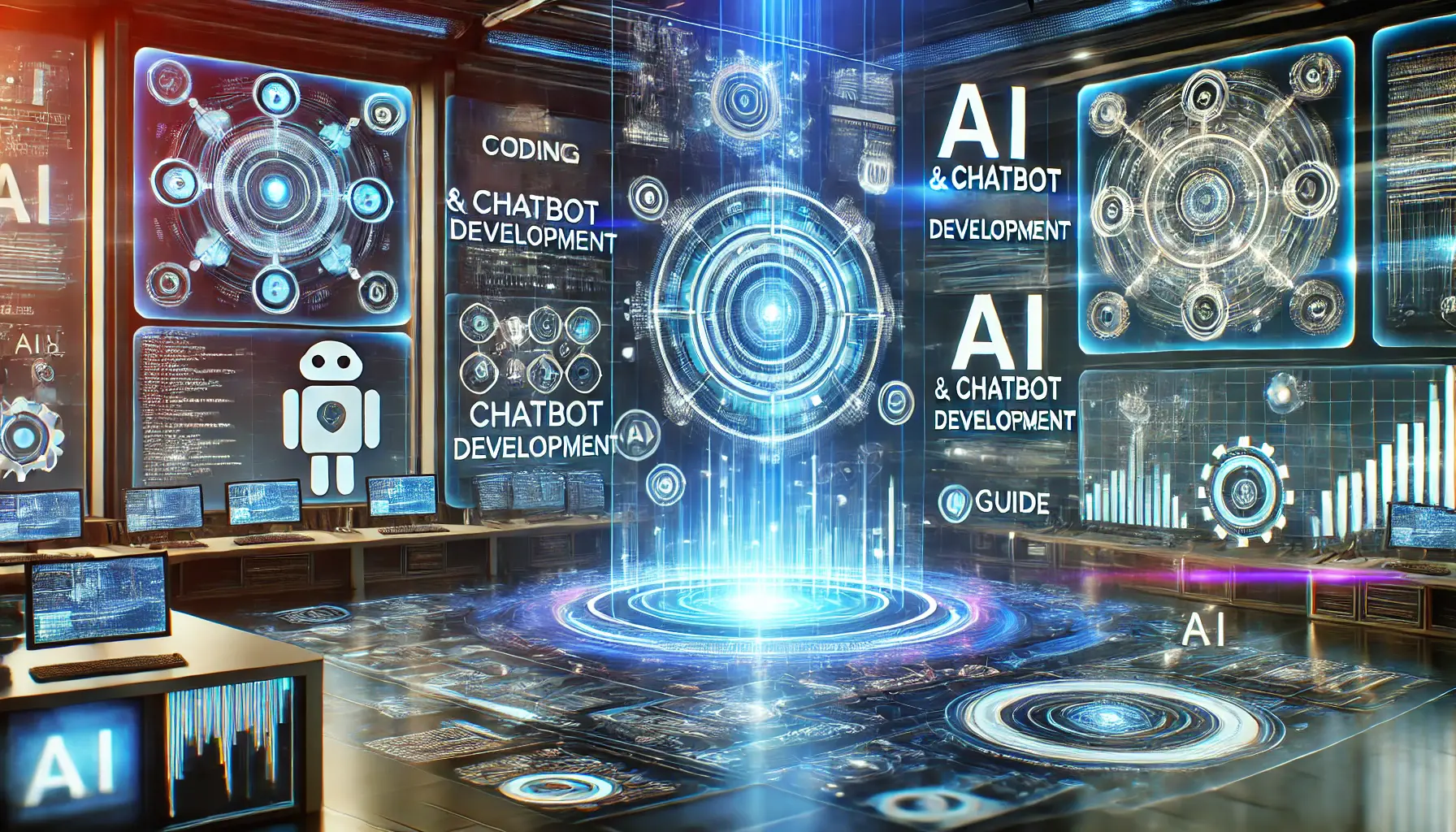 A futuristic digital interface displaying key AI and chatbot development concepts, with holographic screens and dynamic visualizations of coding and decision-making processes.