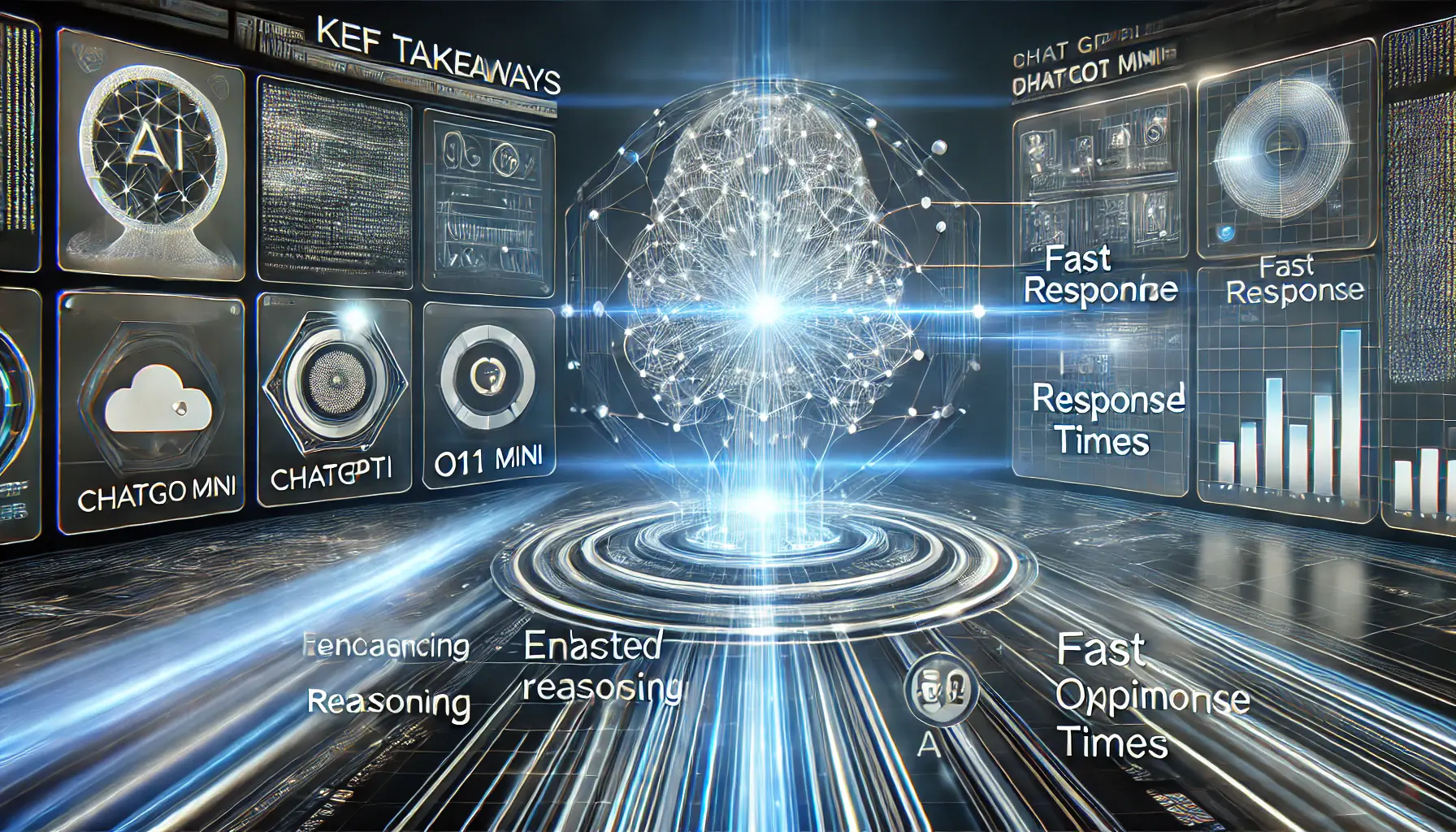 A futuristic digital environment showcasing the key takeaways from ChatGPT o1 Mini, with a glowing neural network and dynamic data flows.