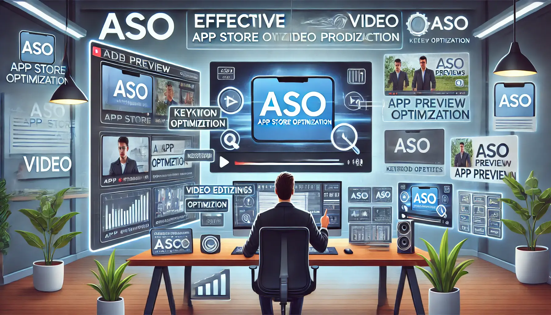 A digital illustration of a designer reviewing key aspects of ASO video production, with multiple screens displaying optimized app previews and video content.