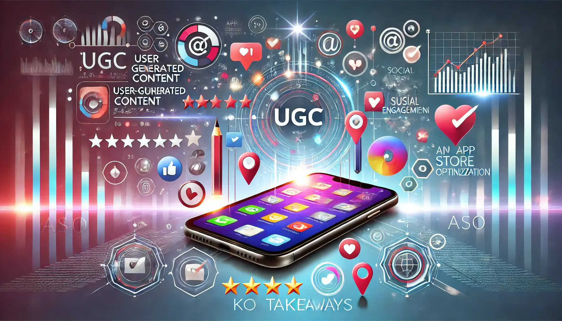 A visually engaging representation of key takeaways for implementing user-generated content (UGC) in app store optimization, featuring a smartphone surrounded by elements like reviews, ratings, social media shares, performance graphs, and user engagement icons.