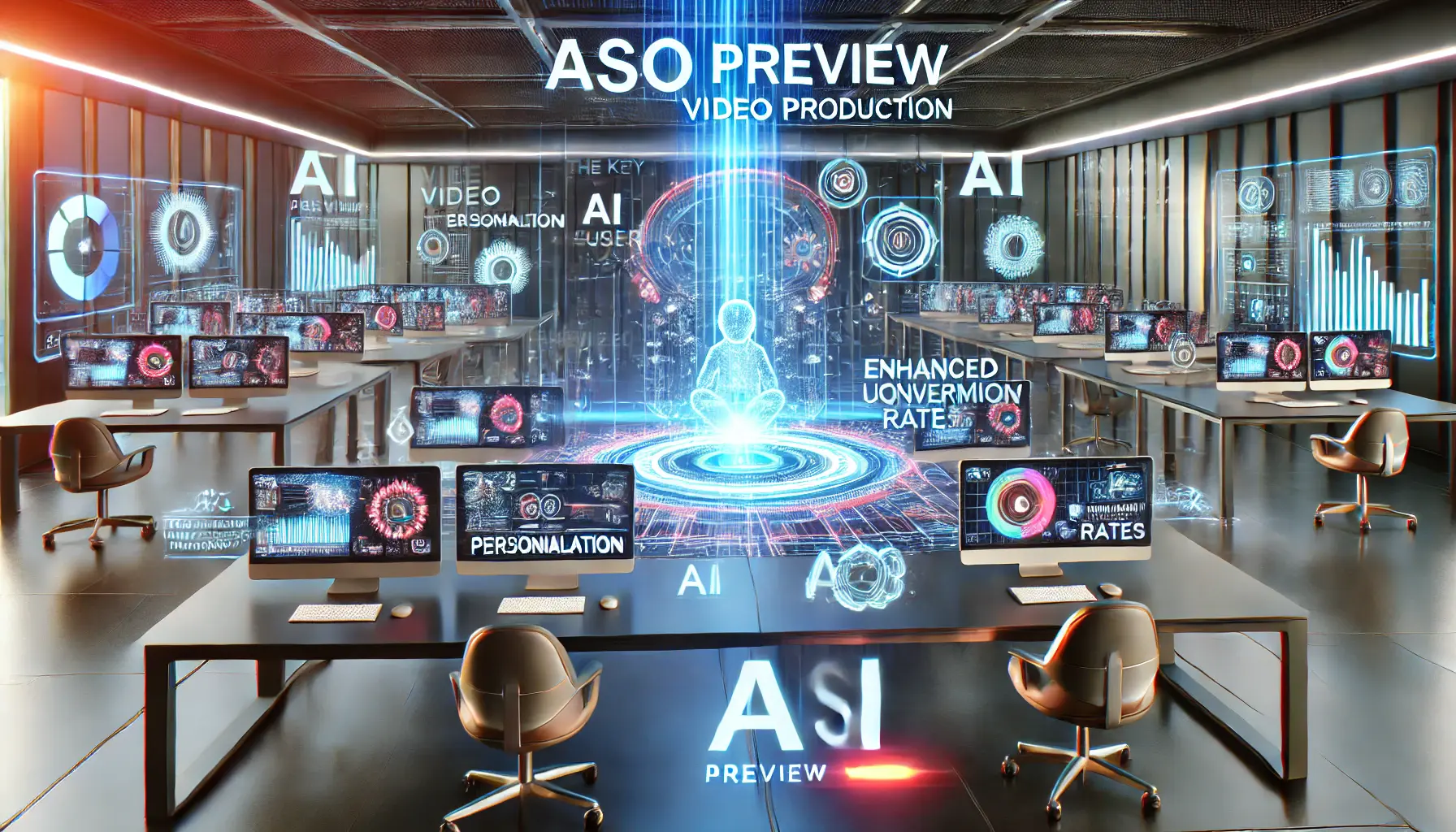 A futuristic digital workspace showcasing the key benefits of AI-driven ASO preview video production, such as personalization and improved conversion rates.