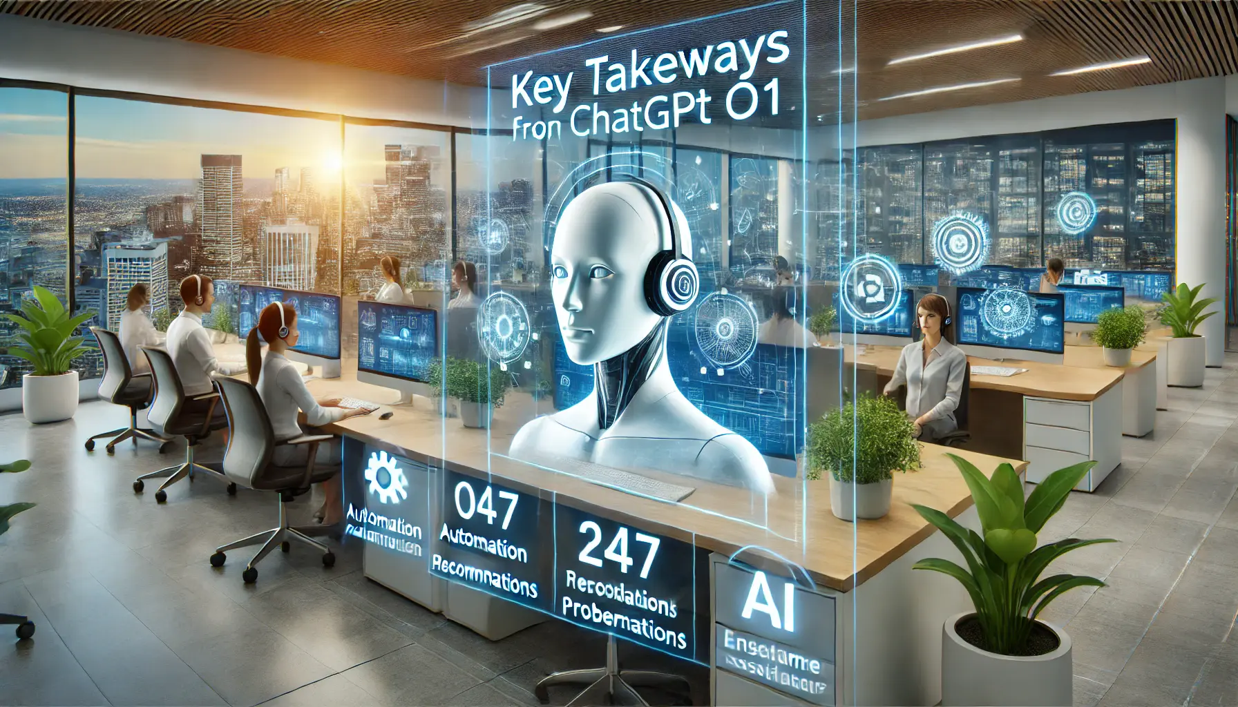 A modern office environment where AI systems like ChatGPT o1 assist customer service agents with automation, personalized recommendations, and real-time problem-solving.