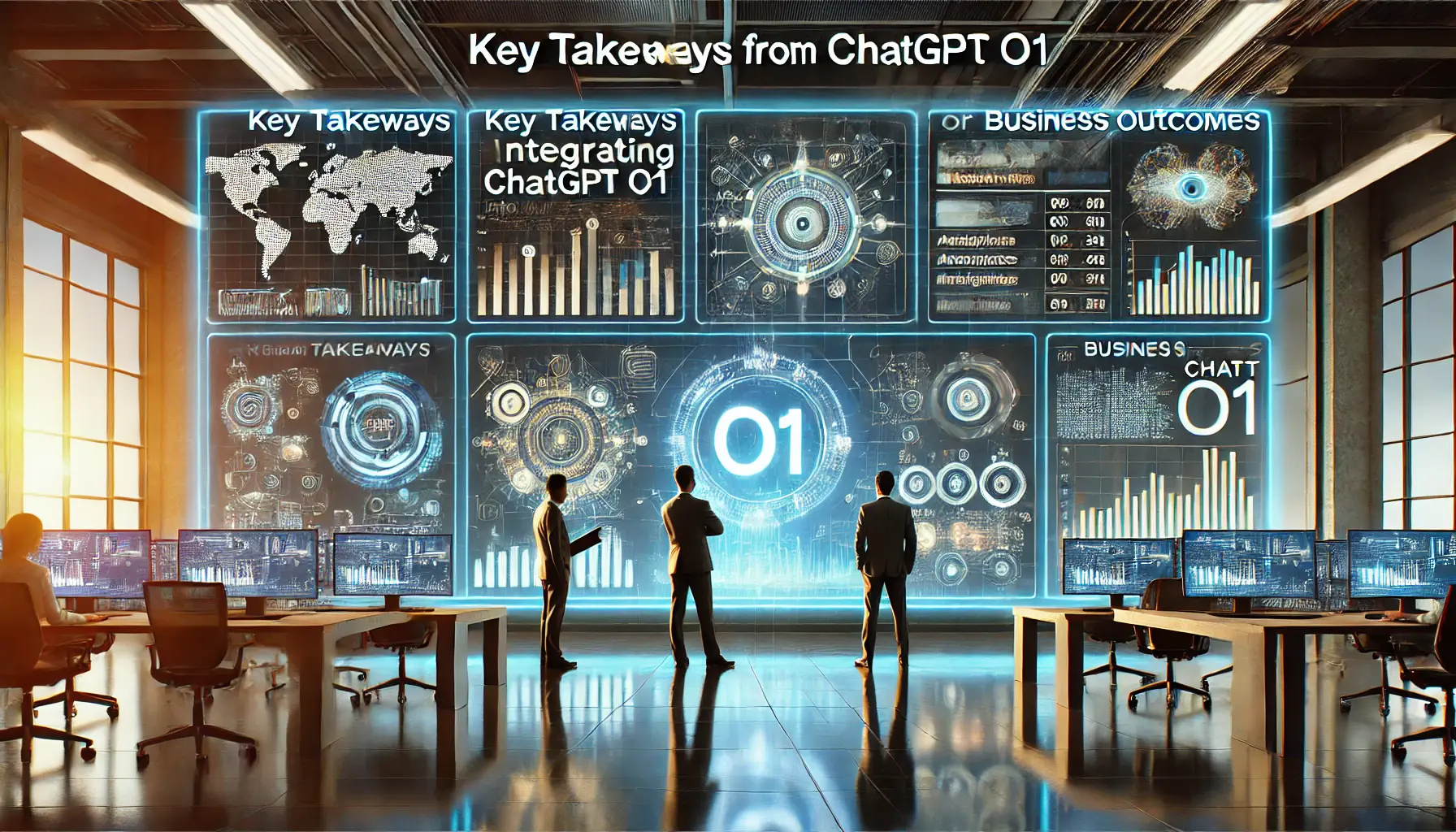 A high-tech business environment where professionals are reflecting on the key takeaways from integrating ChatGPT o1 into their operations.