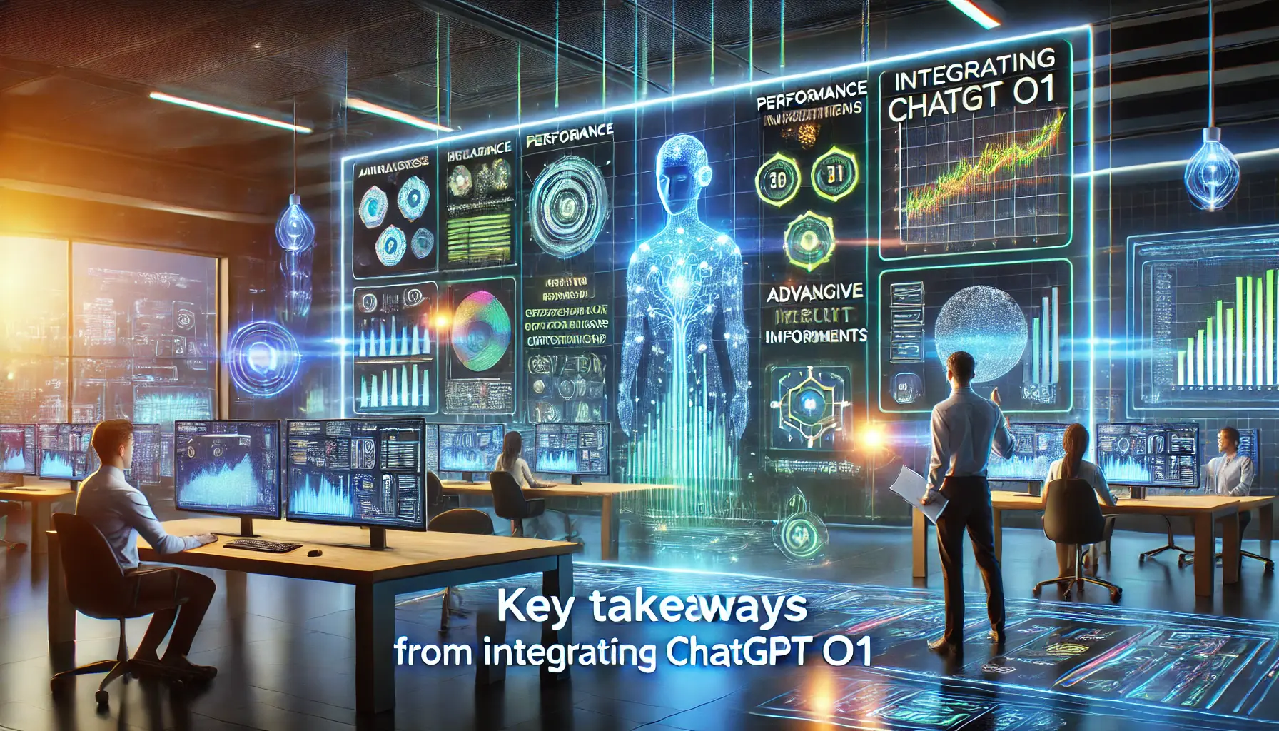 A futuristic digital workspace where professionals are reviewing key takeaways from ChatGPT o1 integration, analyzing data and performance metrics.