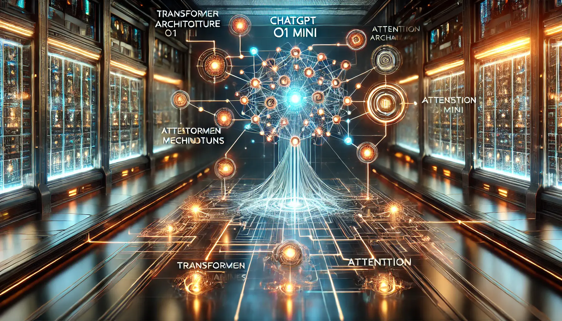 A futuristic representation of the key takeaways from ChatGPT o1 Mini, showing a neural network with glowing nodes and pathways representing core capabilities.